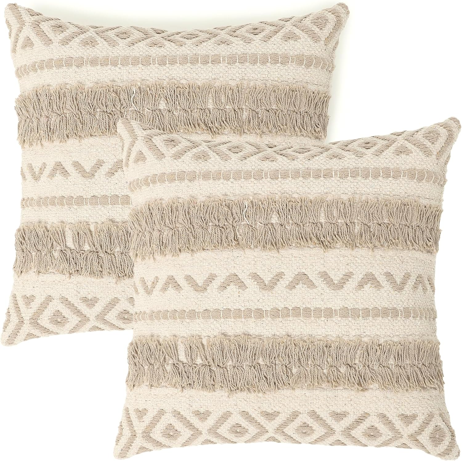 REDEARTH Handmade Boho Throw Pillow Covers - Bohemian Chic Farmhouse Style - Accent Woven Indoor and Outdoor Pillow Cushion Cases for Couch - Bed - Chair - Sofa - Benches – Set of 2-18"x18" - Taupe