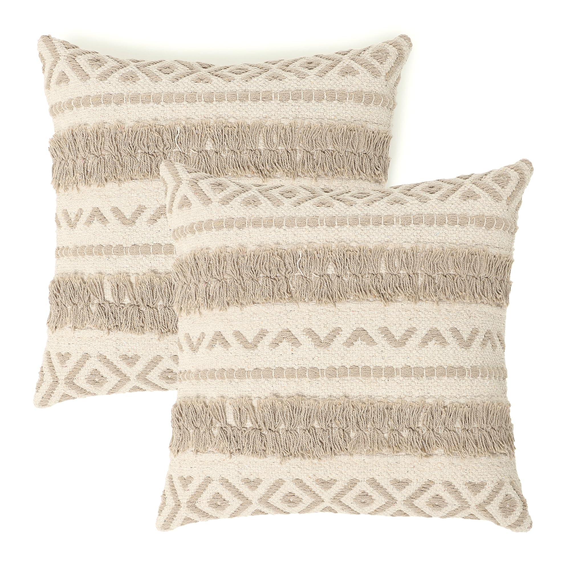 REDEARTH Handmade Boho Throw Pillow Covers - Bohemian Chic Farmhouse Style - Accent Woven Indoor and Outdoor Pillow Cushion Cases for Couch - Bed - Chair - Sofa - Benches – Set of 2-18"x18" - Taupe
