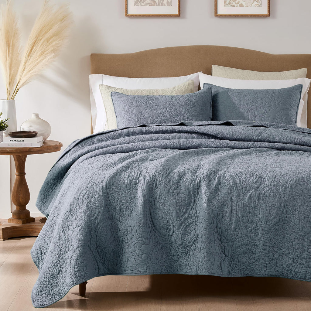 palassio Striped Blue Grey 100% Cotton Quilt King Size Bedding Sets, Lightweight Crinkly Channel Pick Stitch Textured Bedspread Soft Shabby Chic Farmhouse Country Coverlet for All Season, 2 Shams