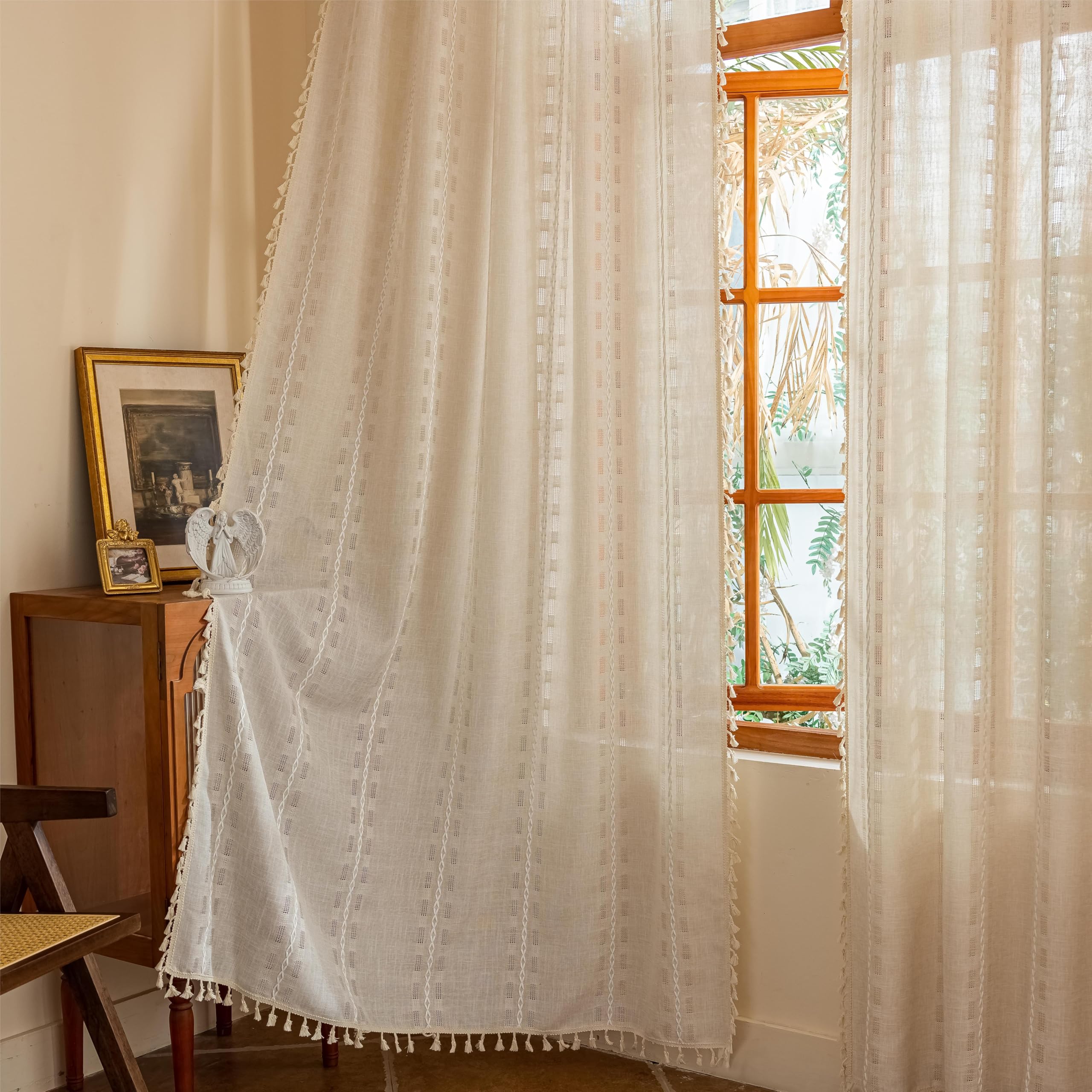 Blue Boho Sheer Curtains 72 inches Long 2 Panels for Bedroom, Light filtering Semi Sheer Bohemian French Country Privacy Tassels Vintage Chic Embroidery Stripes Window Curtains Back Tab, 50" W