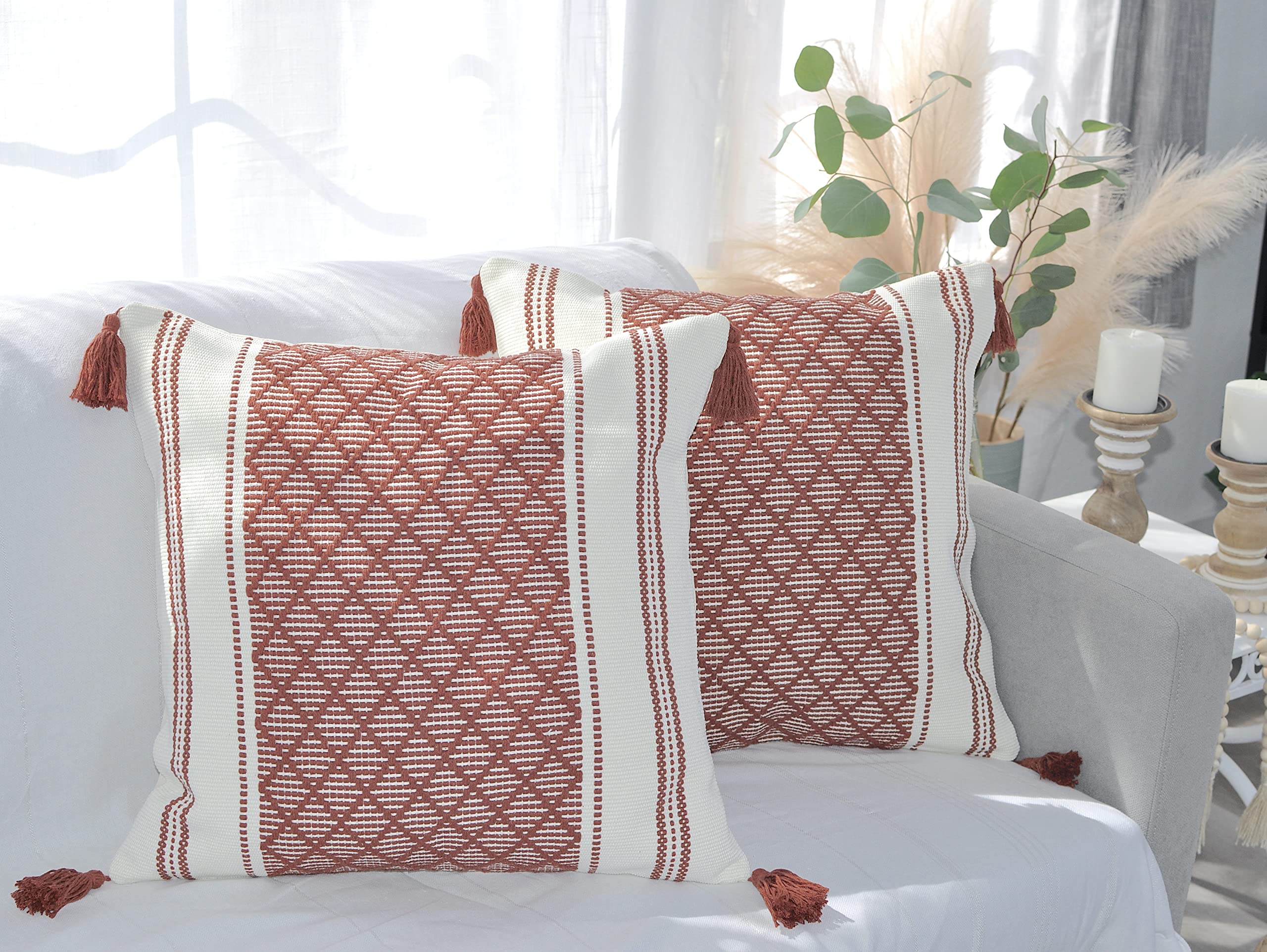 Boho Throw Pillow Covers with Tassels Navy Blue 16x16 inches Set of 2 Checkered Geometric Pattern/Decorative Square Pillow Covers for Couch Sofa Indoor Outdoor/Farmhouse Accent Pillow Cases