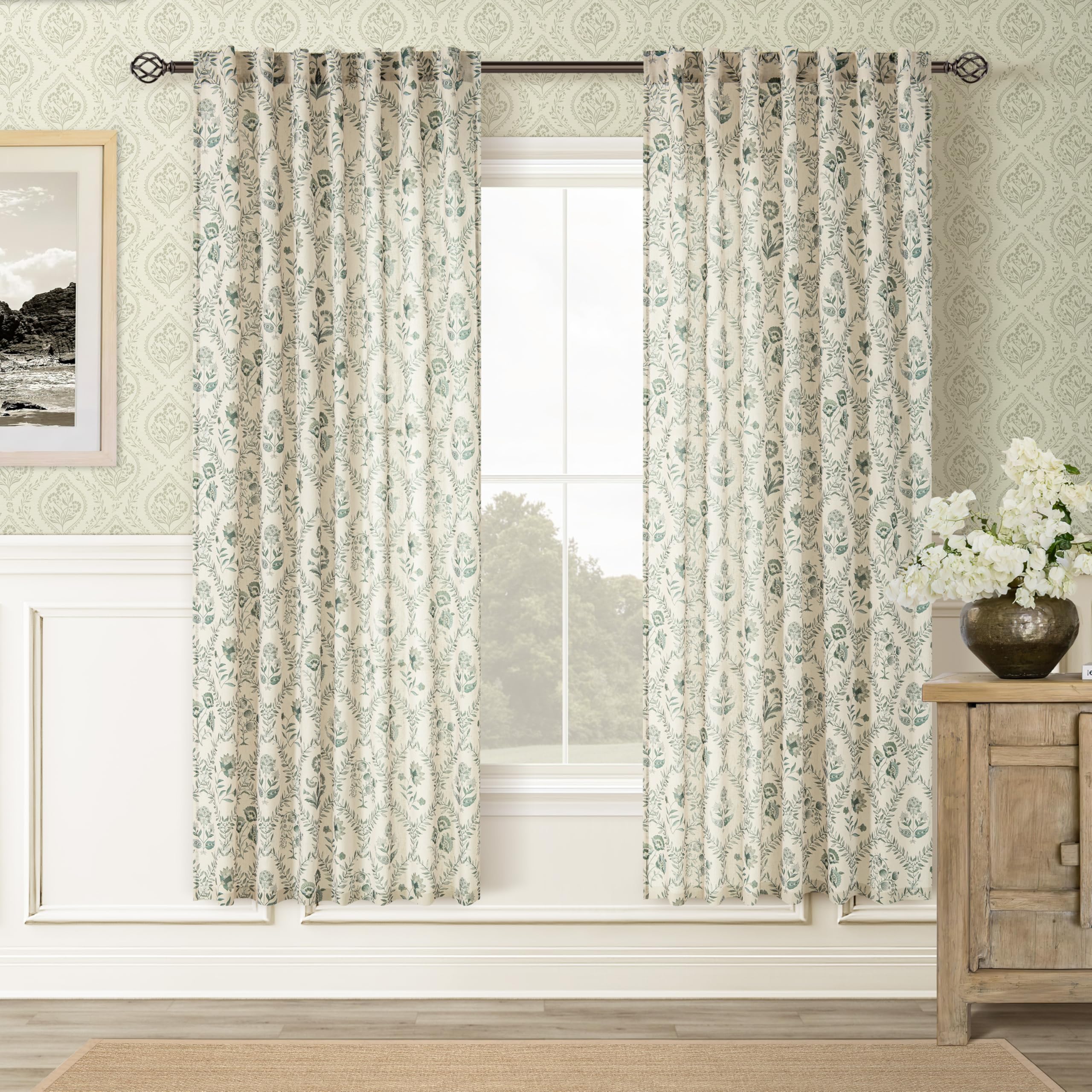 TWOPANELS Spring Farmhouse Floral Linen Curtains 84 Inch Length for Living Room Bedroom 2 Panels Semi Sheer Curtains Back Tab Tan Brown Patterned Flower on Beige Farmhouse Boho Rustic Window Drapes
