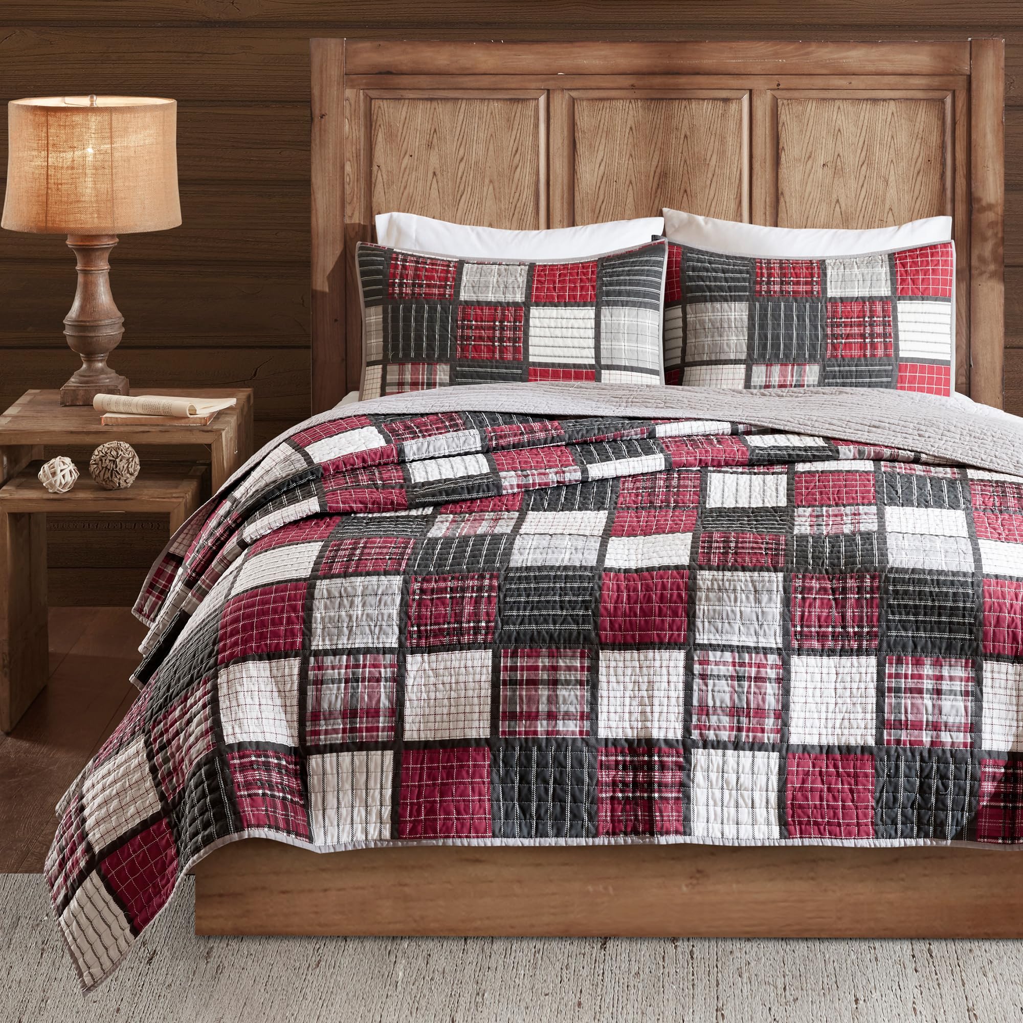 Woolrich Winter Plains Reversible Quilt Set - Cottage Styling Reversed to Solid Color, All Season Lightweight Coverlet, Cozy Bedding Layer, Matching Shams, Oversized Full/Queen, Stripes Taupe 3 Piece