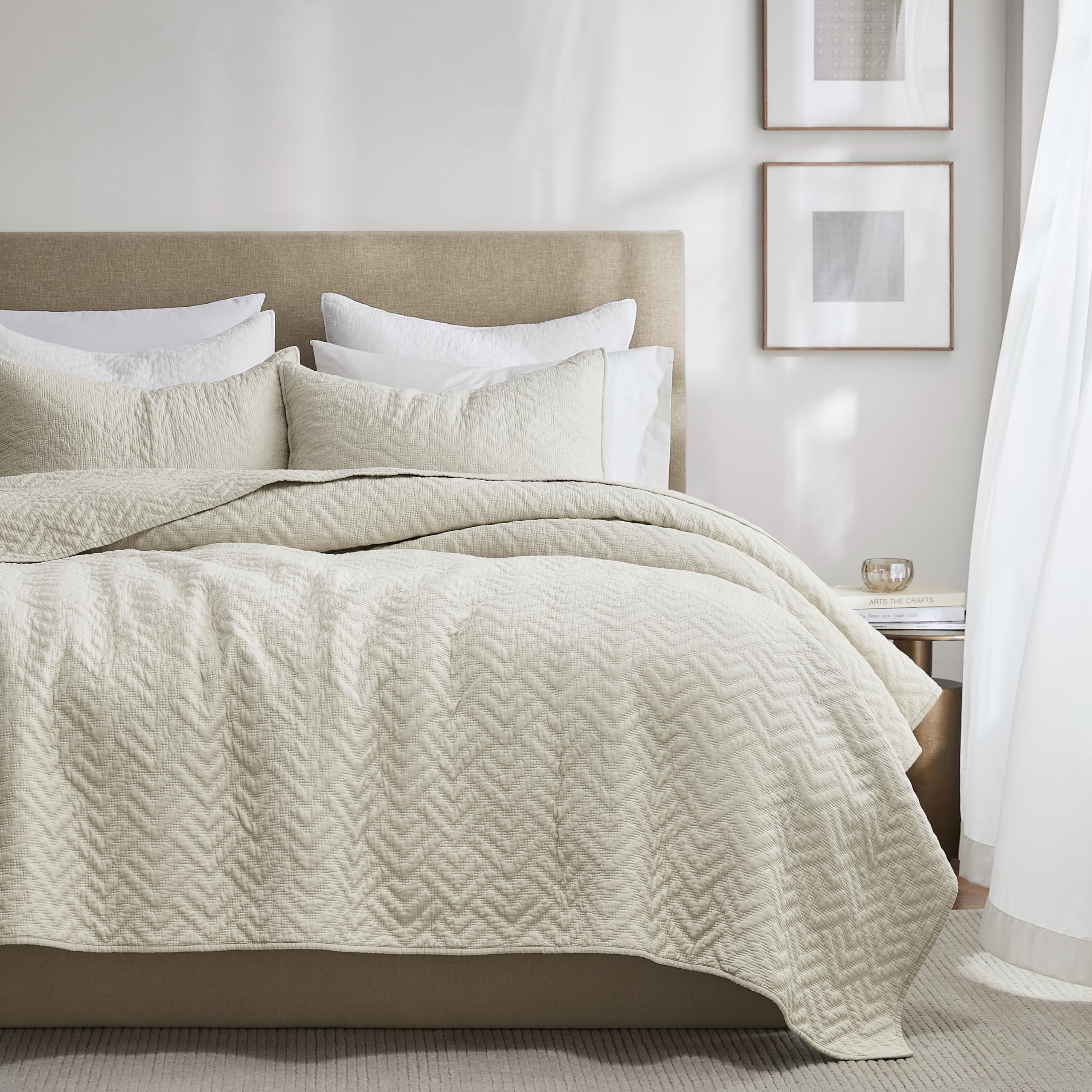 palassio Beige 100% Cotton Quilt Queen Size Bedding Sets with 2 Pillow Shams, Textured Lightweight Soft Bedspread Shabby Chic Coverlet, Neutral Quilted Comforter Bed Cover for All Season, 3 Pieces