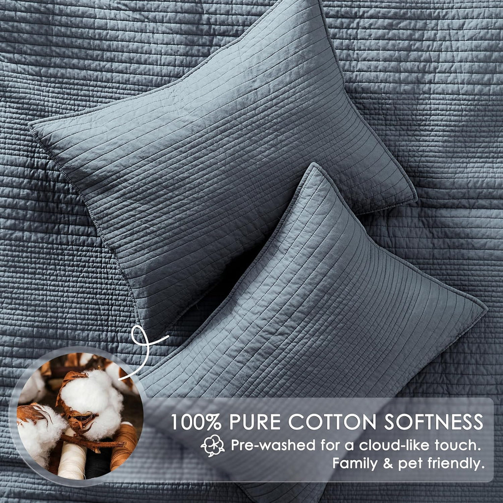 palassio Striped Blue Grey 100% Cotton Quilt King Size Bedding Sets, Lightweight Crinkly Channel Pick Stitch Textured Bedspread Soft Shabby Chic Farmhouse Country Coverlet for All Season, 2 Shams