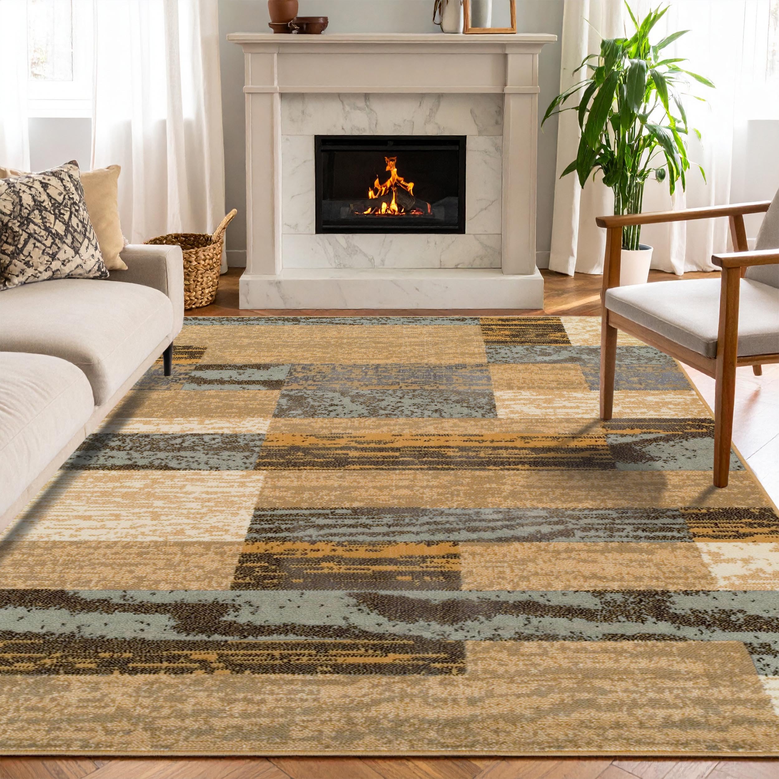 SUPERIOR Indoor Area Rug, Jute Backed, Modern Geometric Patchwork Floor Decor for Bedroom, Office, Living Room, Entryway, Hardwood Floors, Rockwood Collection, 4' x 6', Chocolate