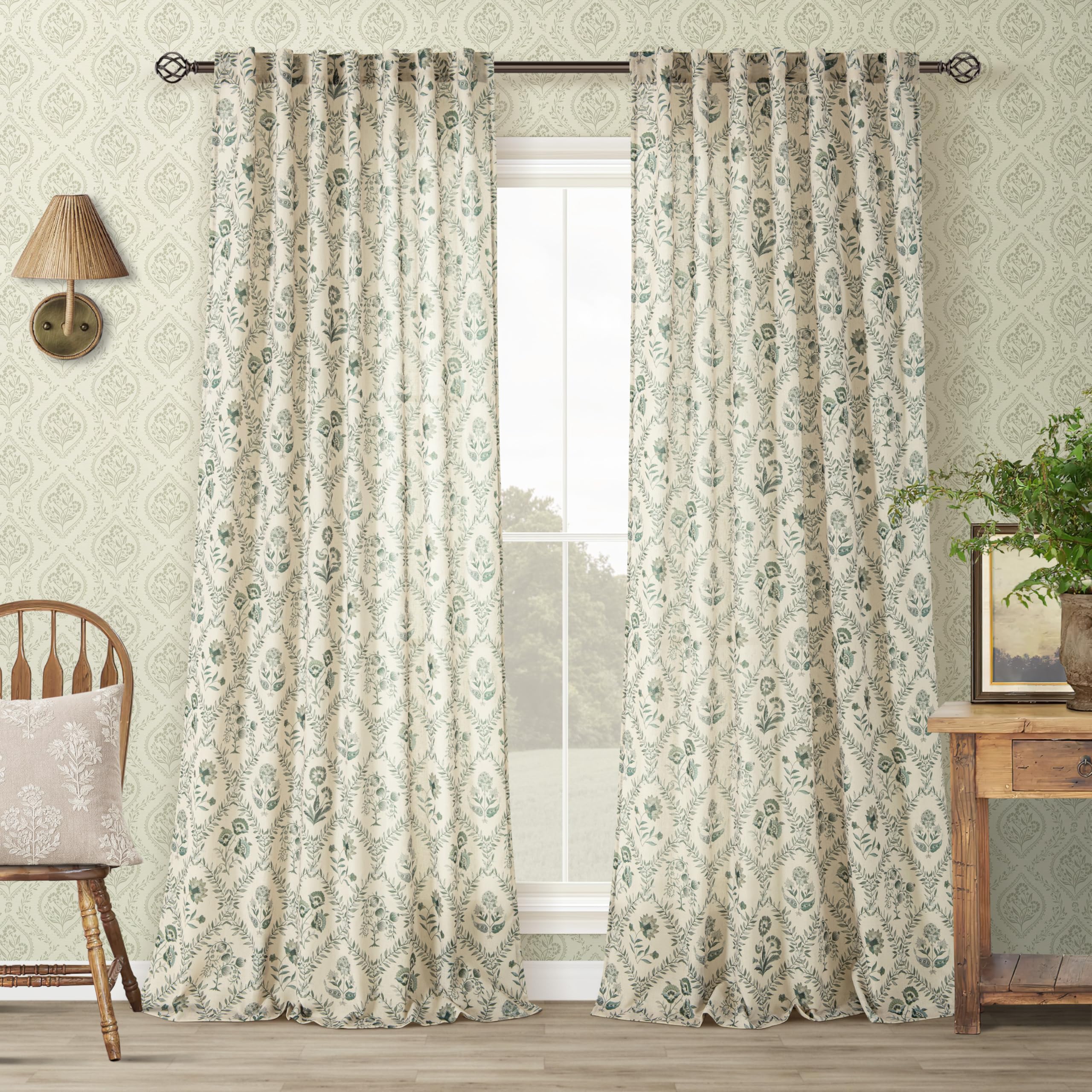 TWOPANELS Spring Farmhouse Floral Linen Curtains 84 Inch Length for Living Room Bedroom 2 Panels Semi Sheer Curtains Back Tab Tan Brown Patterned Flower on Beige Farmhouse Boho Rustic Window Drapes