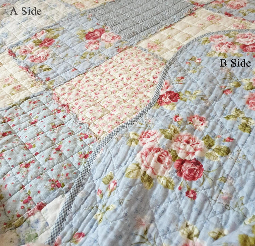 Cozyholy Original 100% Cotton Quilt Full Queen Size Blue Floral Patchwork Quilt, Lightweight Reversible Bedspread Quilted Throw Blanket, Vintage Shabby Chic Cottage Bedding Coverlet for Bed Couch Sofa