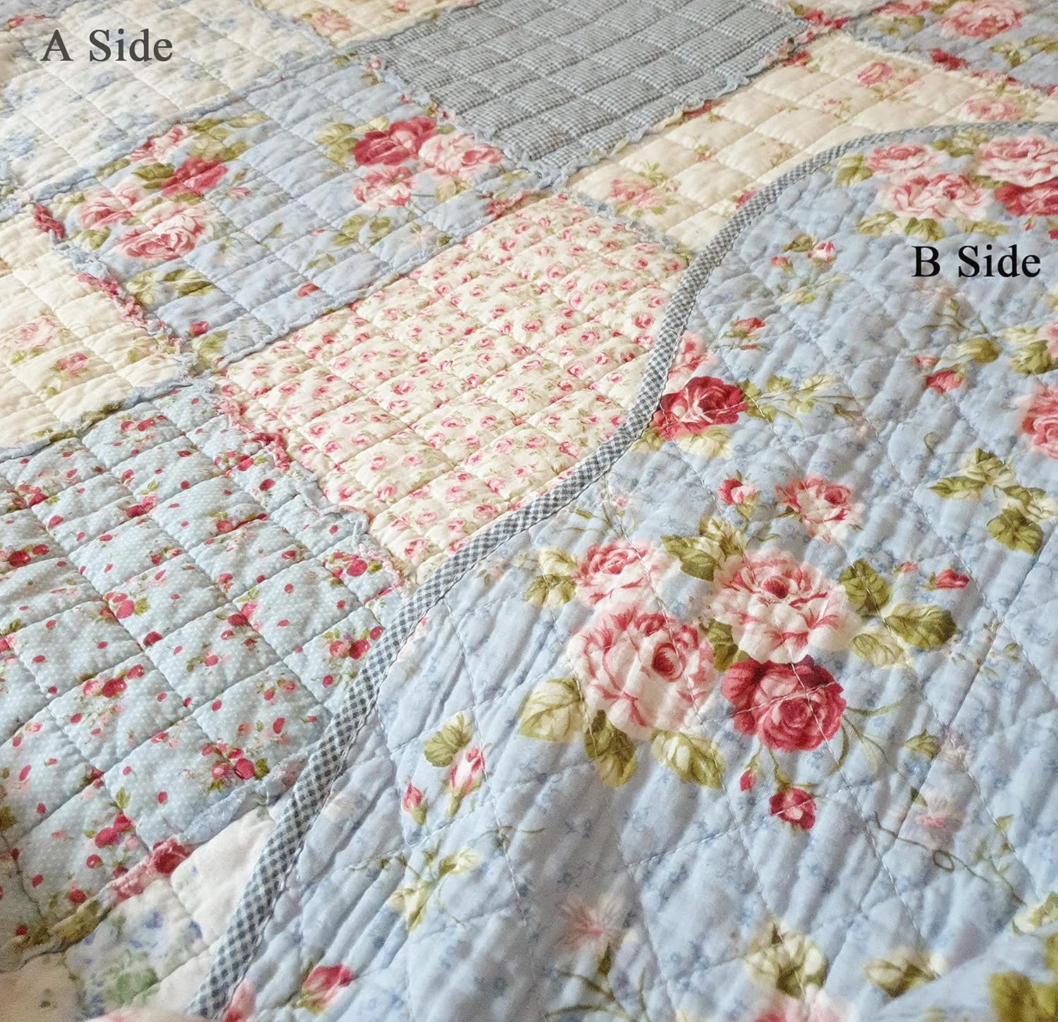 Cozyholy Original 100% Cotton Quilt Full Queen Size Blue Floral Patchwork Quilt, Lightweight Reversible Bedspread Quilted Throw Blanket, Vintage Shabby Chic Cottage Bedding Coverlet for Bed Couch Sofa