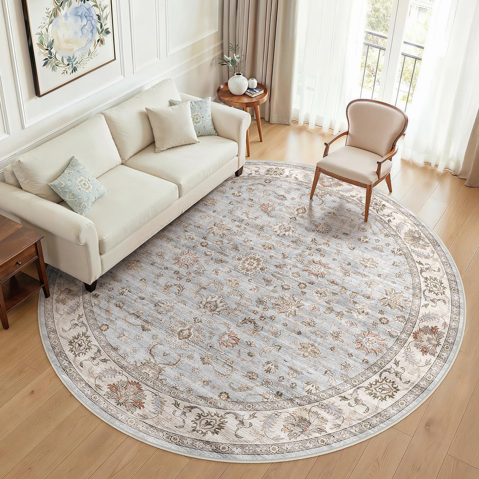 WITSHOCK 10x14 Area Rugs Living Room: Washable Large Neutral Vintage Soft Rug Stain Resistant Non-Slip Farmhouse Indoor Low Pile Floor Carpet for Bedroom Nursery Kids Office- Light Blue