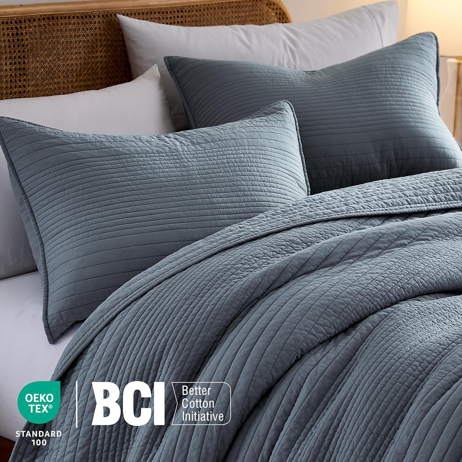 palassio Striped Blue Grey 100% Cotton Quilt King Size Bedding Sets, Lightweight Crinkly Channel Pick Stitch Textured Bedspread Soft Shabby Chic Farmhouse Country Coverlet for All Season, 2 Shams