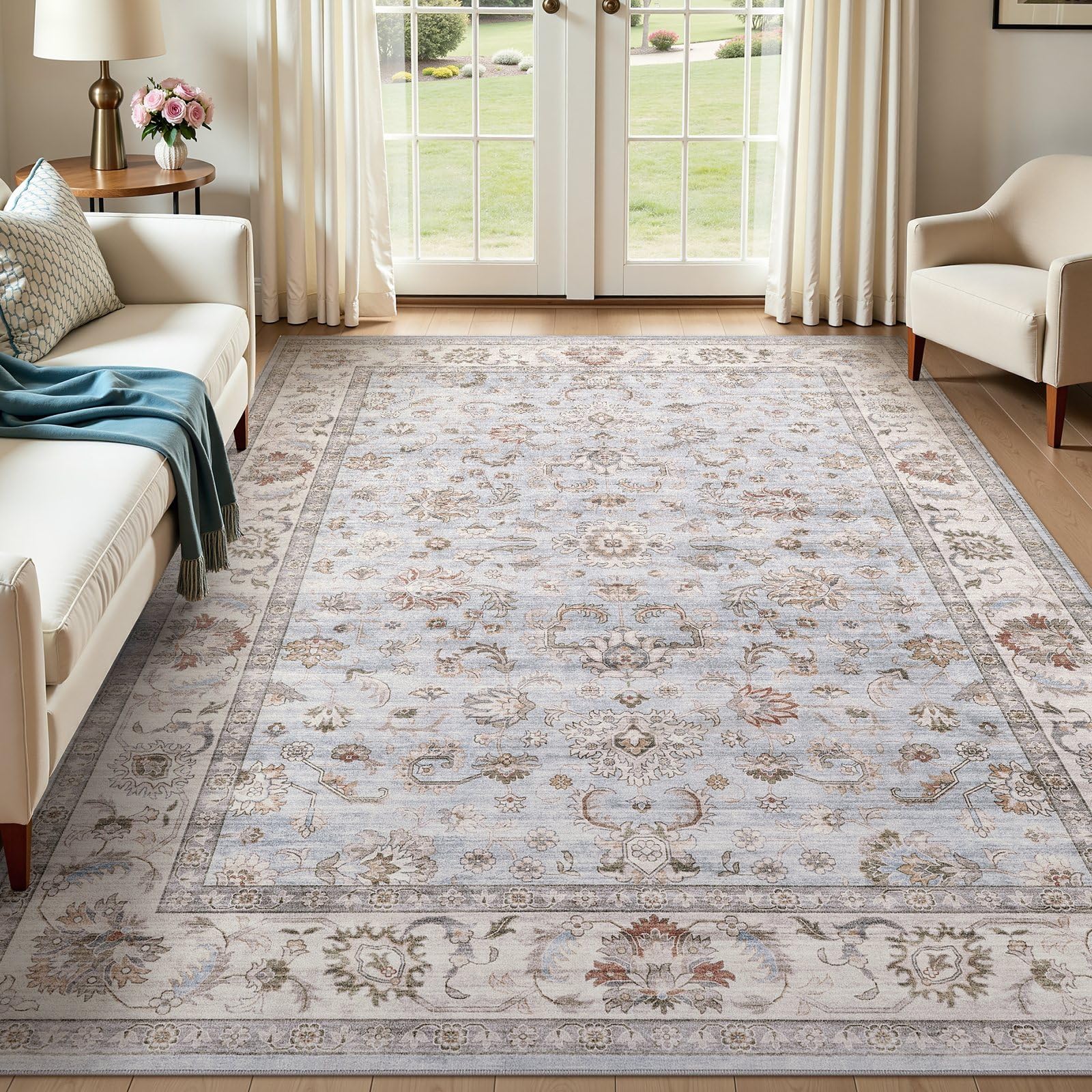 WITSHOCK 10x14 Area Rugs Living Room: Washable Large Neutral Vintage Soft Rug Stain Resistant Non-Slip Farmhouse Indoor Low Pile Floor Carpet for Bedroom Nursery Kids Office- Light Blue