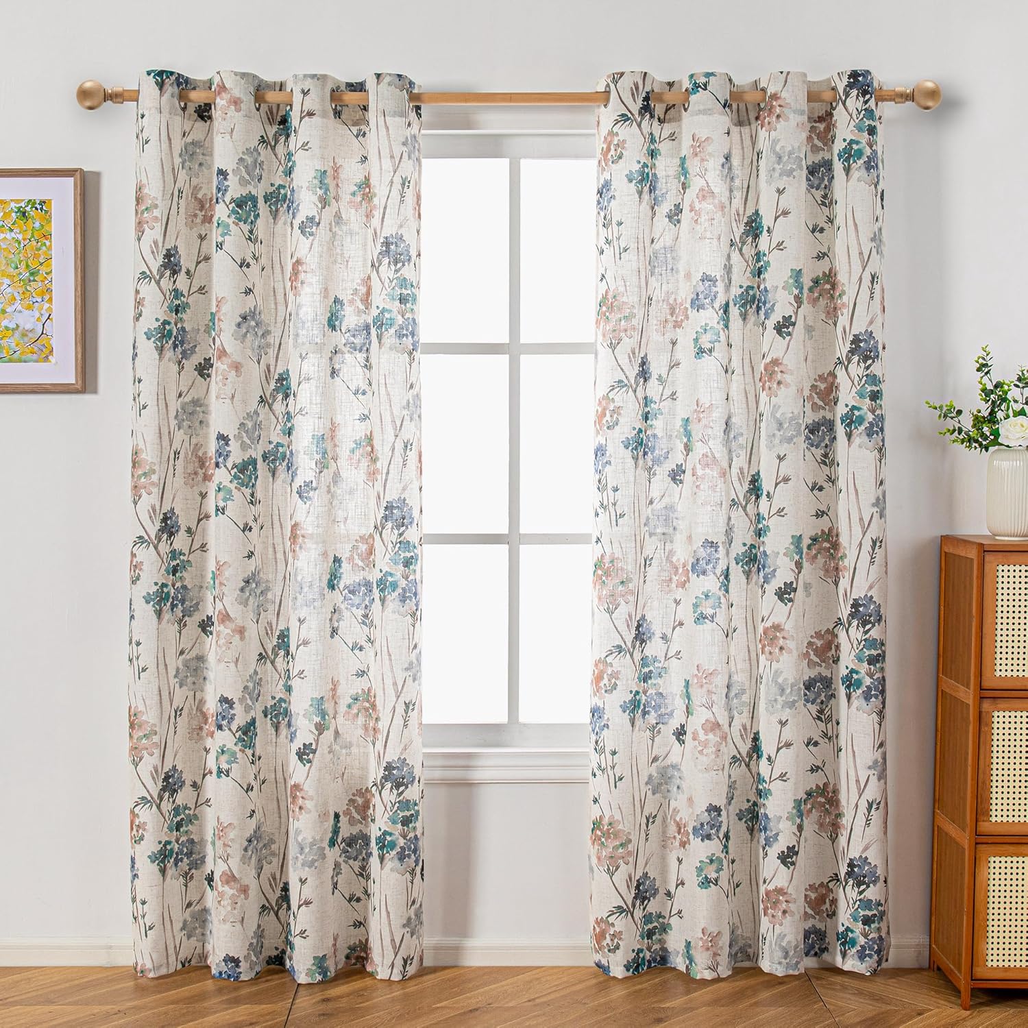 MYSKY HOME Floral Curtains for Living Room Linen Look Semi Sheer Vertical Light Filtering Privacy Drapes Decor Farmhouse Style Texture for Bedroom Dining Room, Brown, W52 x L84, Pack-2
