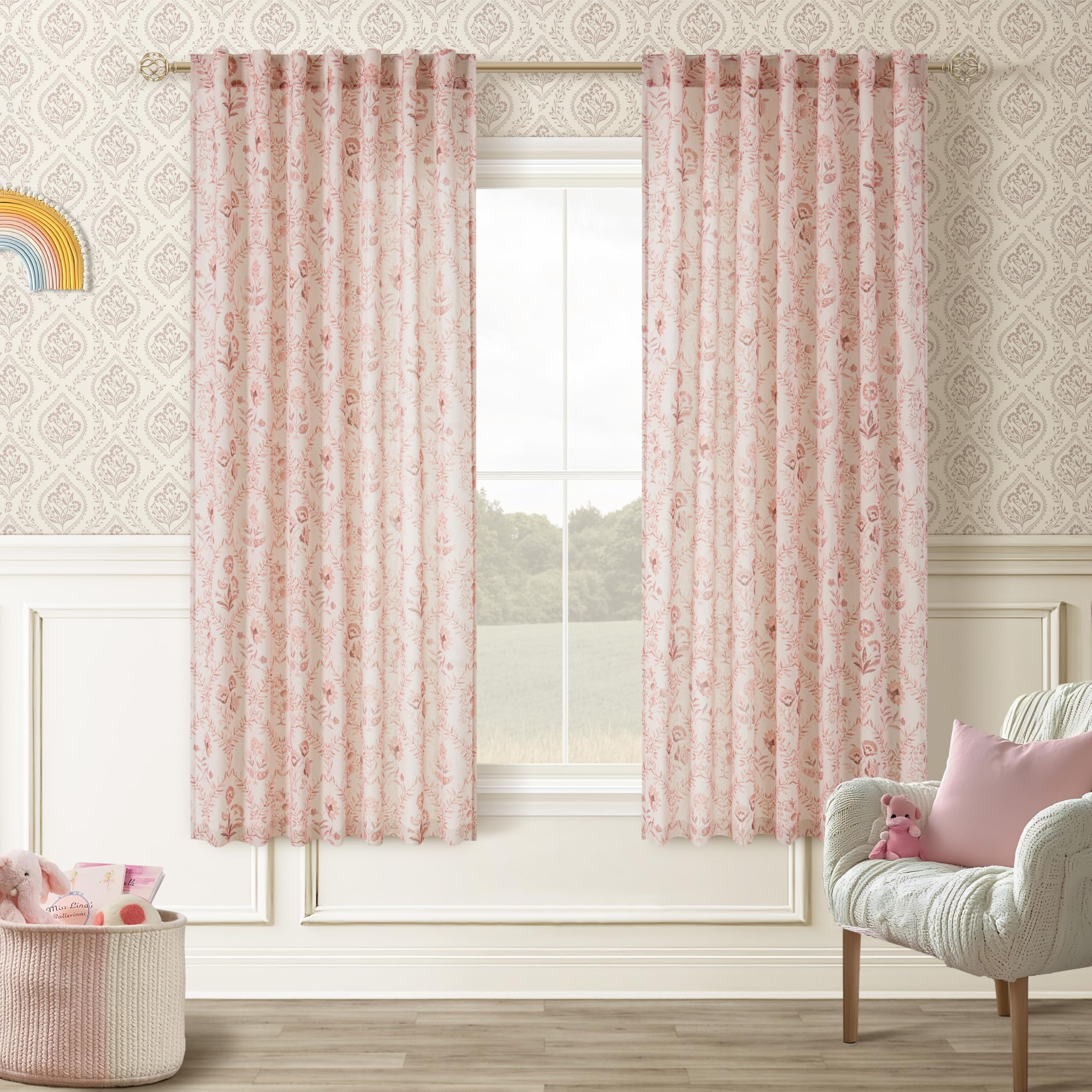 TWOPANELS Spring Farmhouse Floral Linen Curtains 84 Inch Length for Living Room Bedroom 2 Panels Semi Sheer Curtains Back Tab Tan Brown Patterned Flower on Beige Farmhouse Boho Rustic Window Drapes