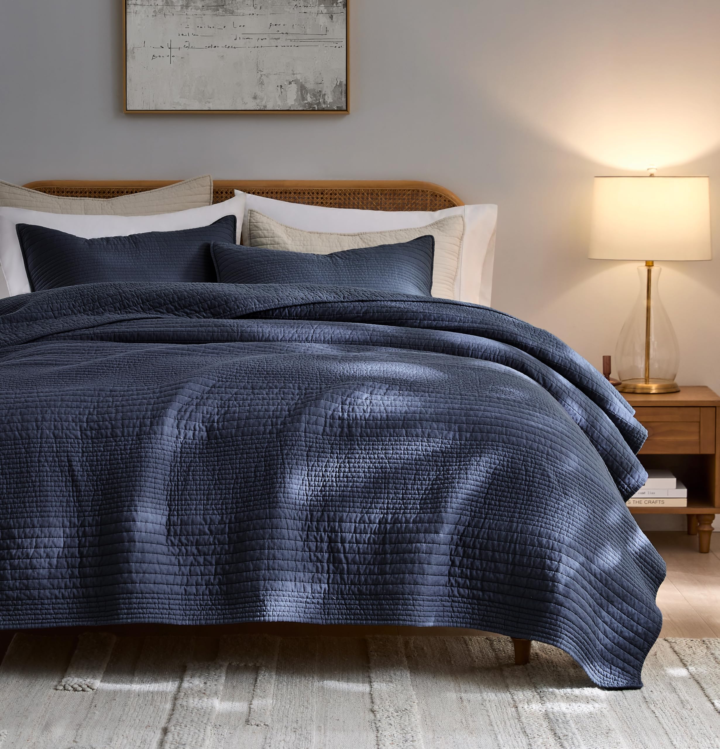 palassio Striped Blue Grey 100% Cotton Quilt King Size Bedding Sets, Lightweight Crinkly Channel Pick Stitch Textured Bedspread Soft Shabby Chic Farmhouse Country Coverlet for All Season, 2 Shams