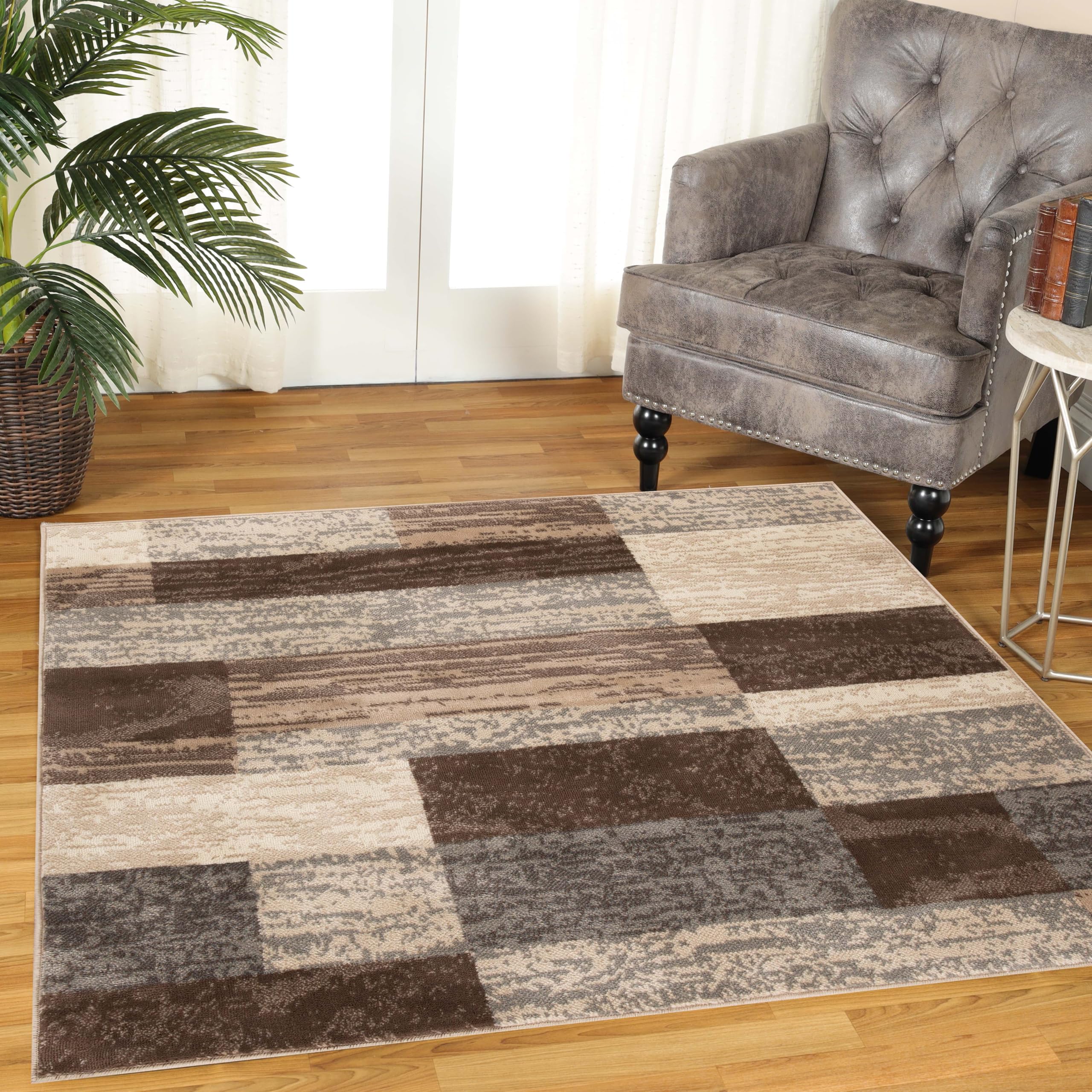 Superior Indoor Area Rug, Jute Backed, Modern Geometric Patchwork Floor Decor for Bedroom, Office, Living Room, Entryway, Kitchen, Hardwood Floors, Rockwood Collection, 3' x 5', Ivory-Beige