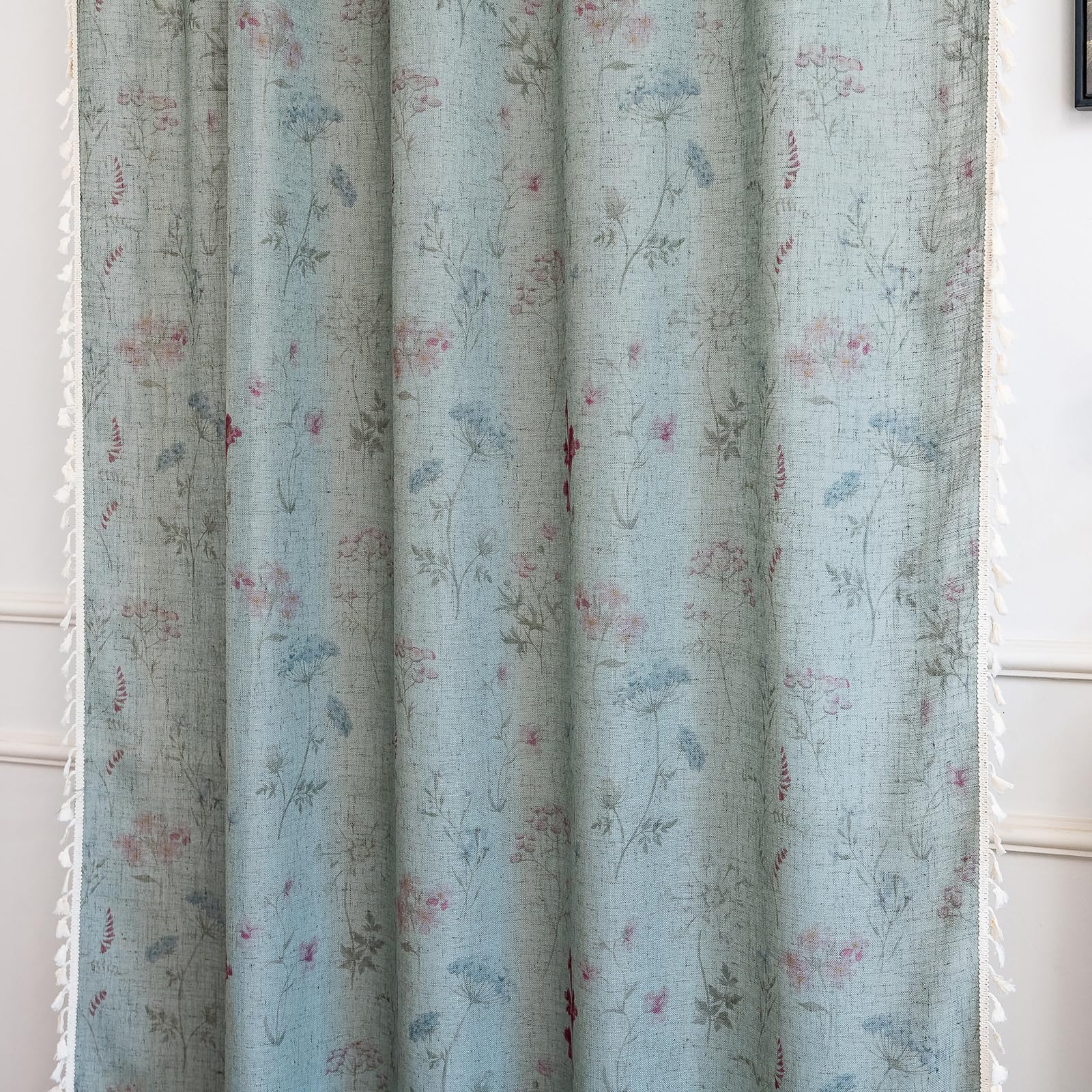 Green Boho Floral Curtains 84", 2 Panels Cotton Linen Semi-Blackout Drapes with Tassel