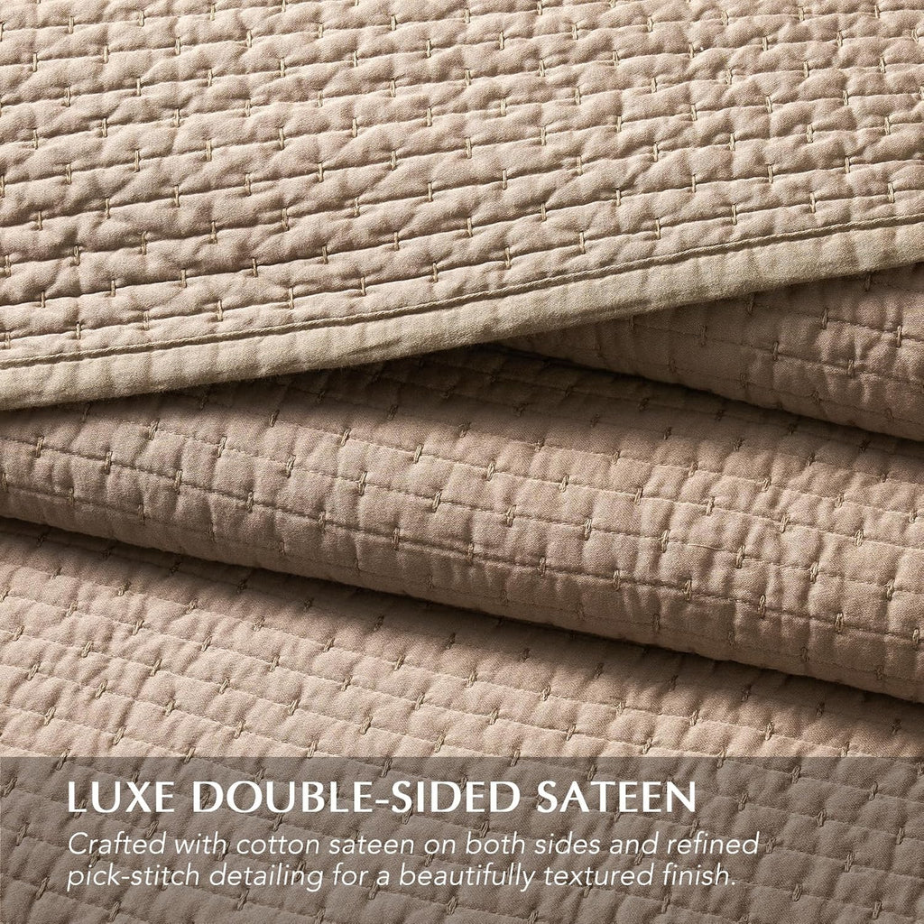 EVERGRACE Cotton Sateen Pick-Stitch Quilt Set Queen Size – 100% Cotton Coverlet Bedding, Pre-Washed Oversized Bedspread, Breathable All-Season Quilt Set with 2 Shams, Stone Taupe