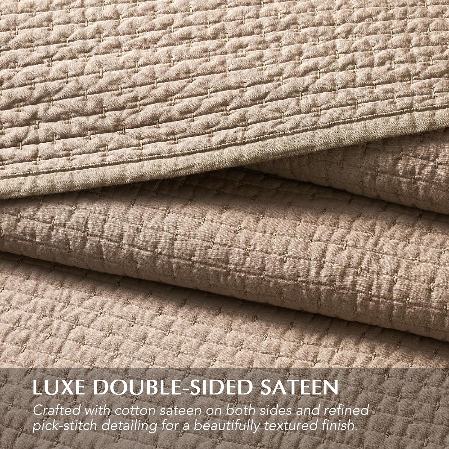 EVERGRACE Cotton Sateen Pick-Stitch Quilt Set Queen Size – 100% Cotton Coverlet Bedding, Pre-Washed Oversized Bedspread, Breathable All-Season Quilt Set with 2 Shams, Stone Taupe
