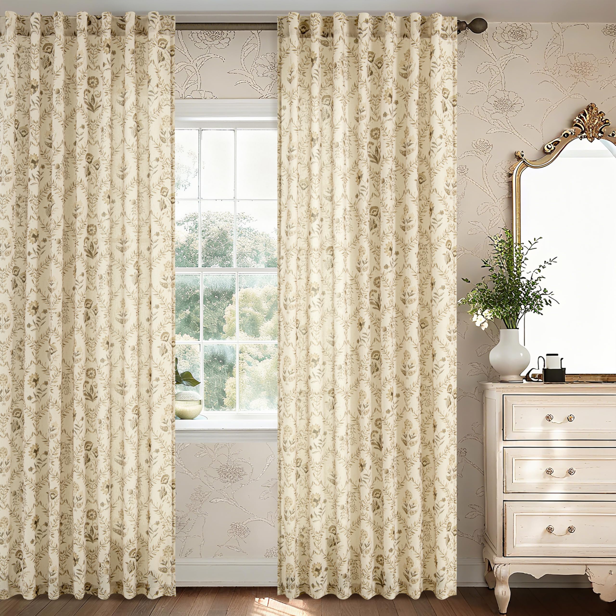 TWOPANELS Spring Farmhouse Floral Linen Curtains 84 Inch Length for Living Room Bedroom 2 Panels Semi Sheer Curtains Back Tab Tan Brown Patterned Flower on Beige Farmhouse Boho Rustic Window Drapes