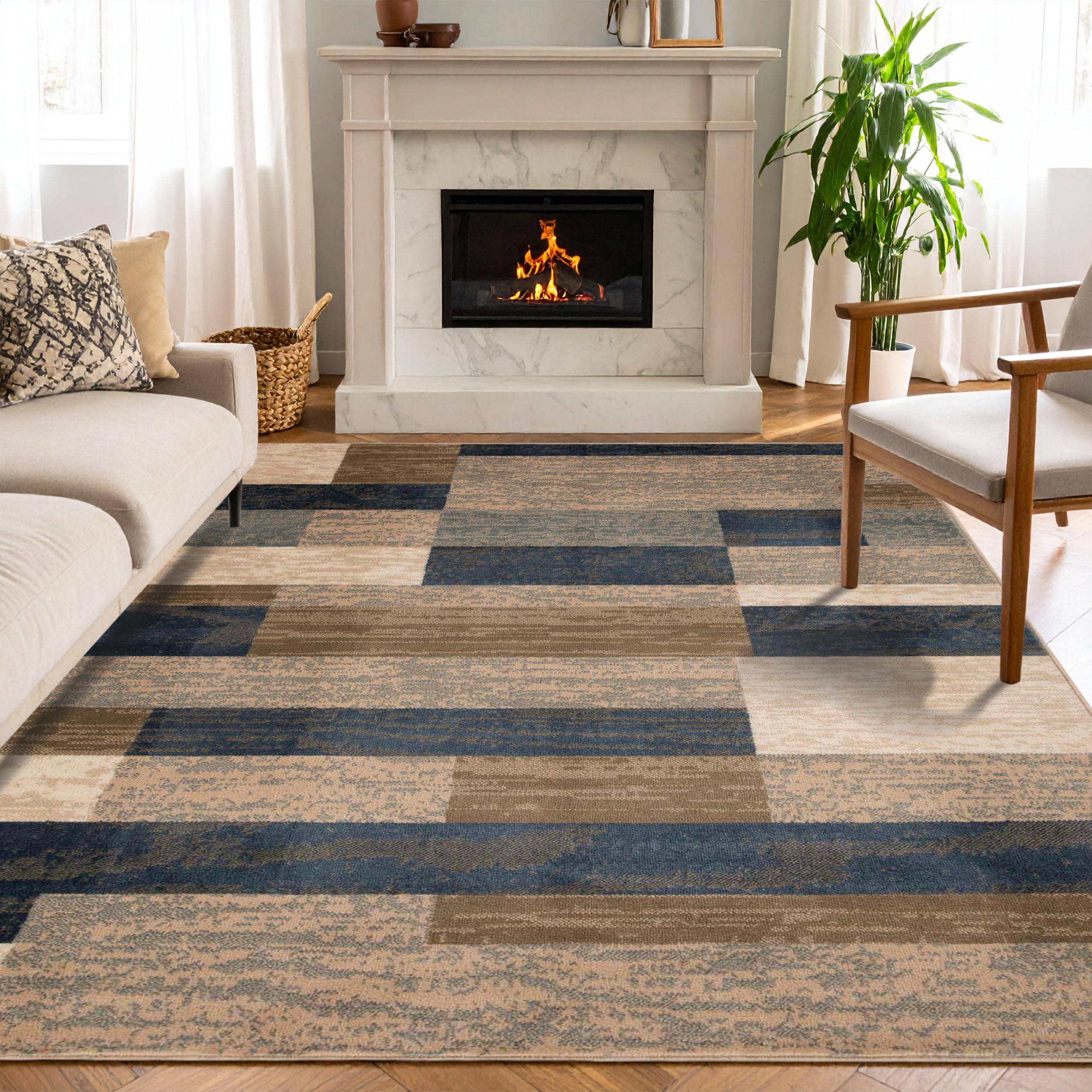 Superior Indoor Area Rug, Jute Backed, Modern Geometric Patchwork Floor Decor for Bedroom, Office, Living Room, Entryway, Kitchen, Hardwood Floors, Rockwood Collection, 3' x 5', Ivory-Beige