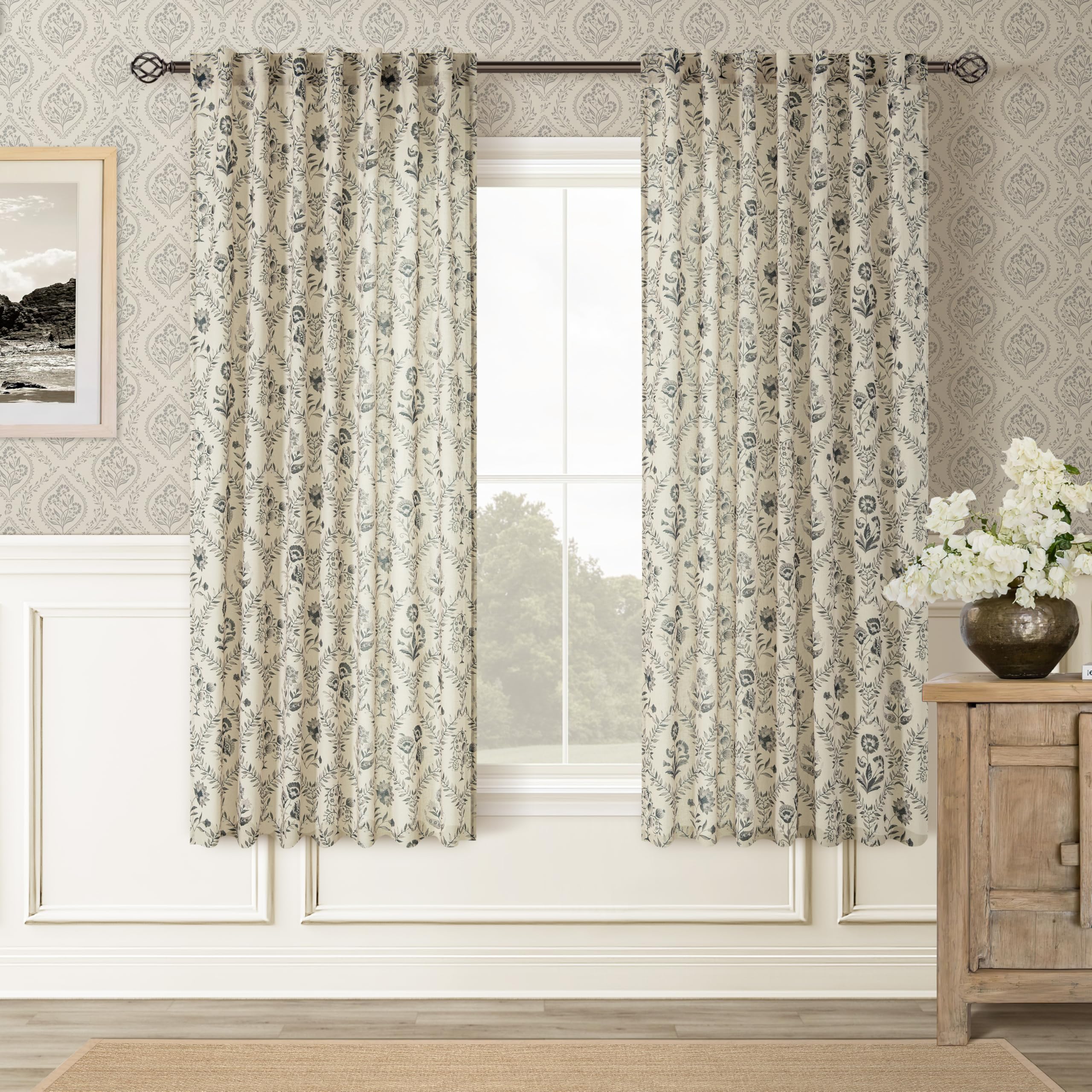 TWOPANELS Spring Farmhouse Floral Linen Curtains 84 Inch Length for Living Room Bedroom 2 Panels Semi Sheer Curtains Back Tab Tan Brown Patterned Flower on Beige Farmhouse Boho Rustic Window Drapes