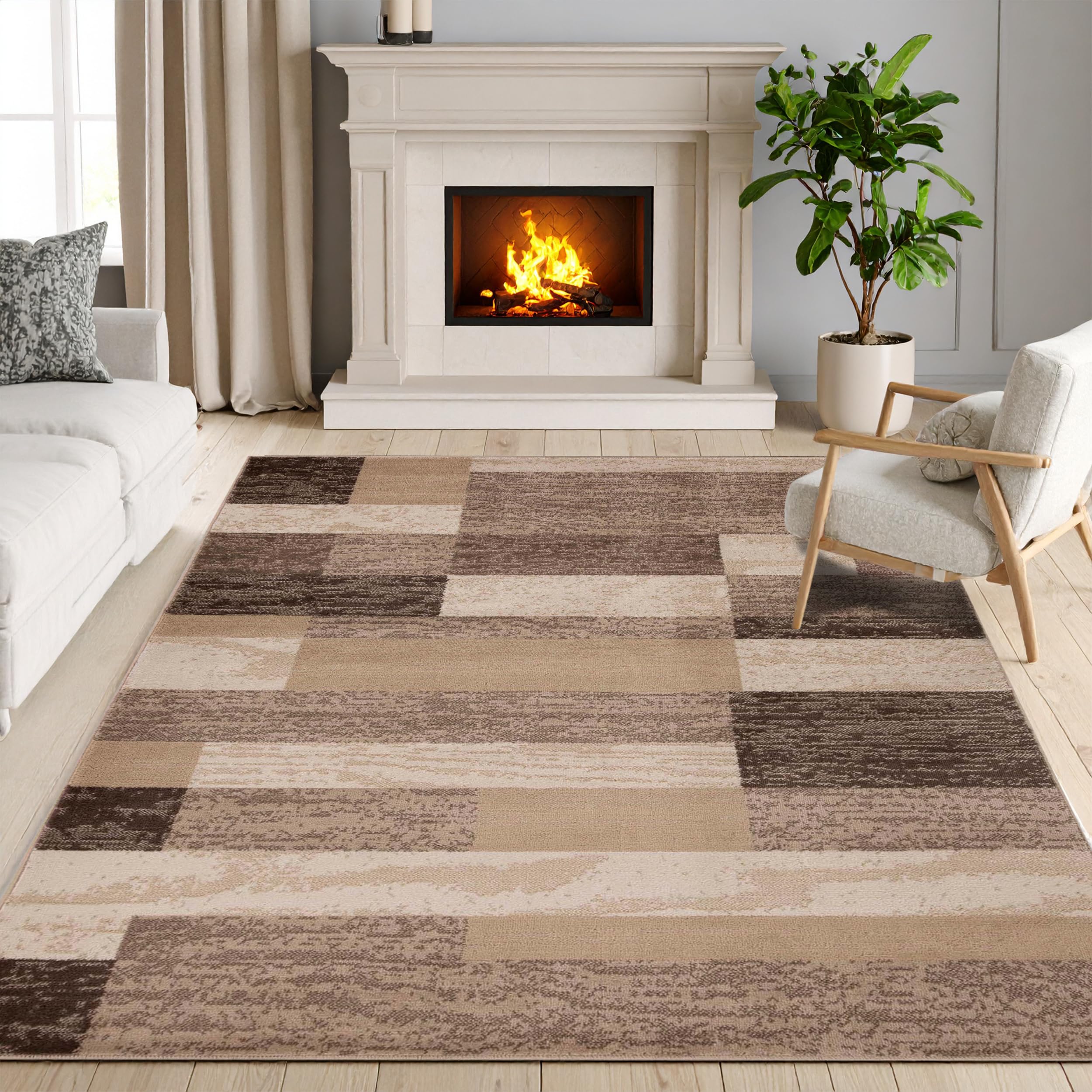 SUPERIOR Indoor Area Rug, Jute Backed, Modern Geometric Patchwork Floor Decor for Bedroom, Office, Living Room, Entryway, Hardwood Floors, Rockwood Collection, 4' x 6', Chocolate