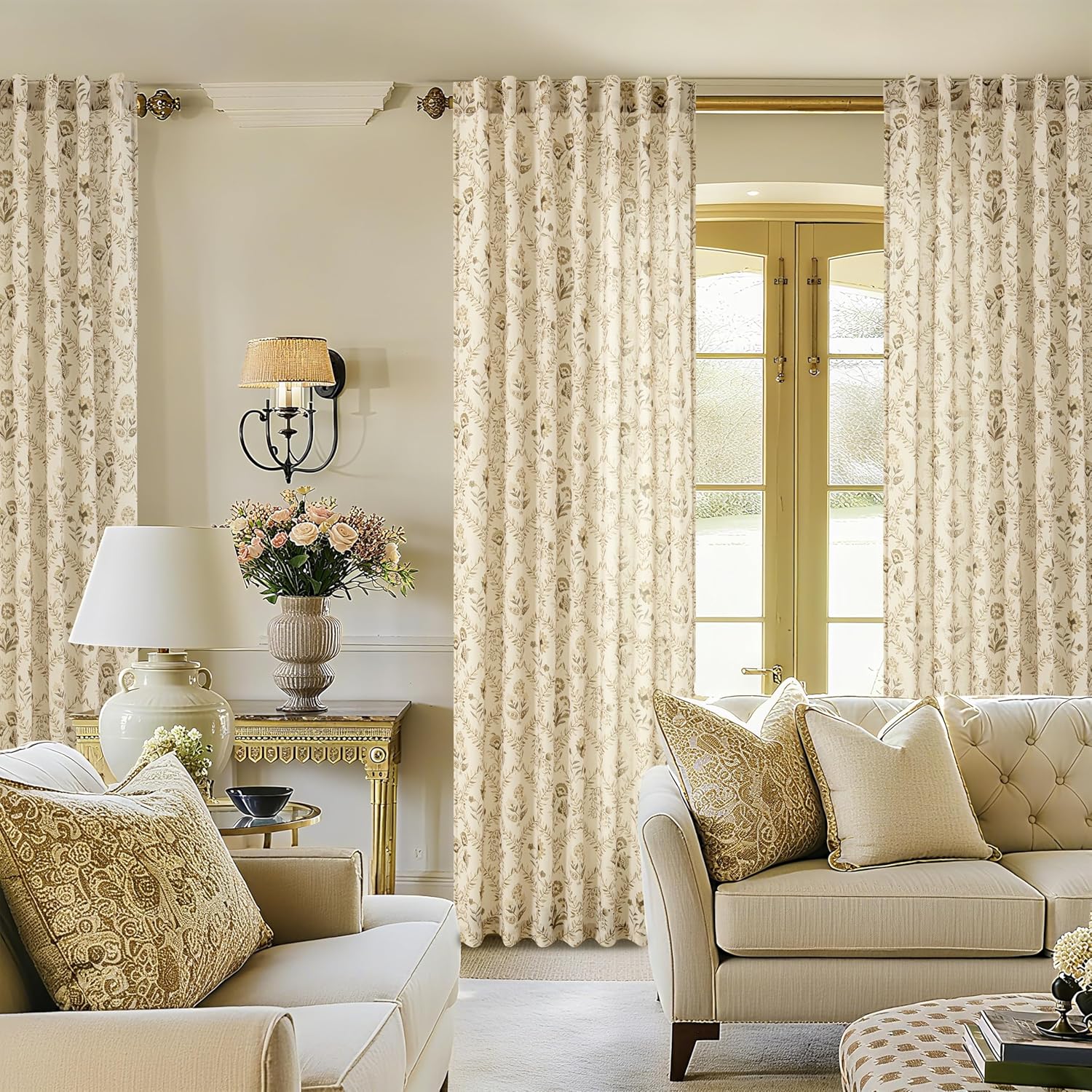 TWOPANELS Spring Farmhouse Floral Linen Curtains 84 Inch Length for Living Room Bedroom 2 Panels Semi Sheer Curtains Back Tab Tan Brown Patterned Flower on Beige Farmhouse Boho Rustic Window Drapes