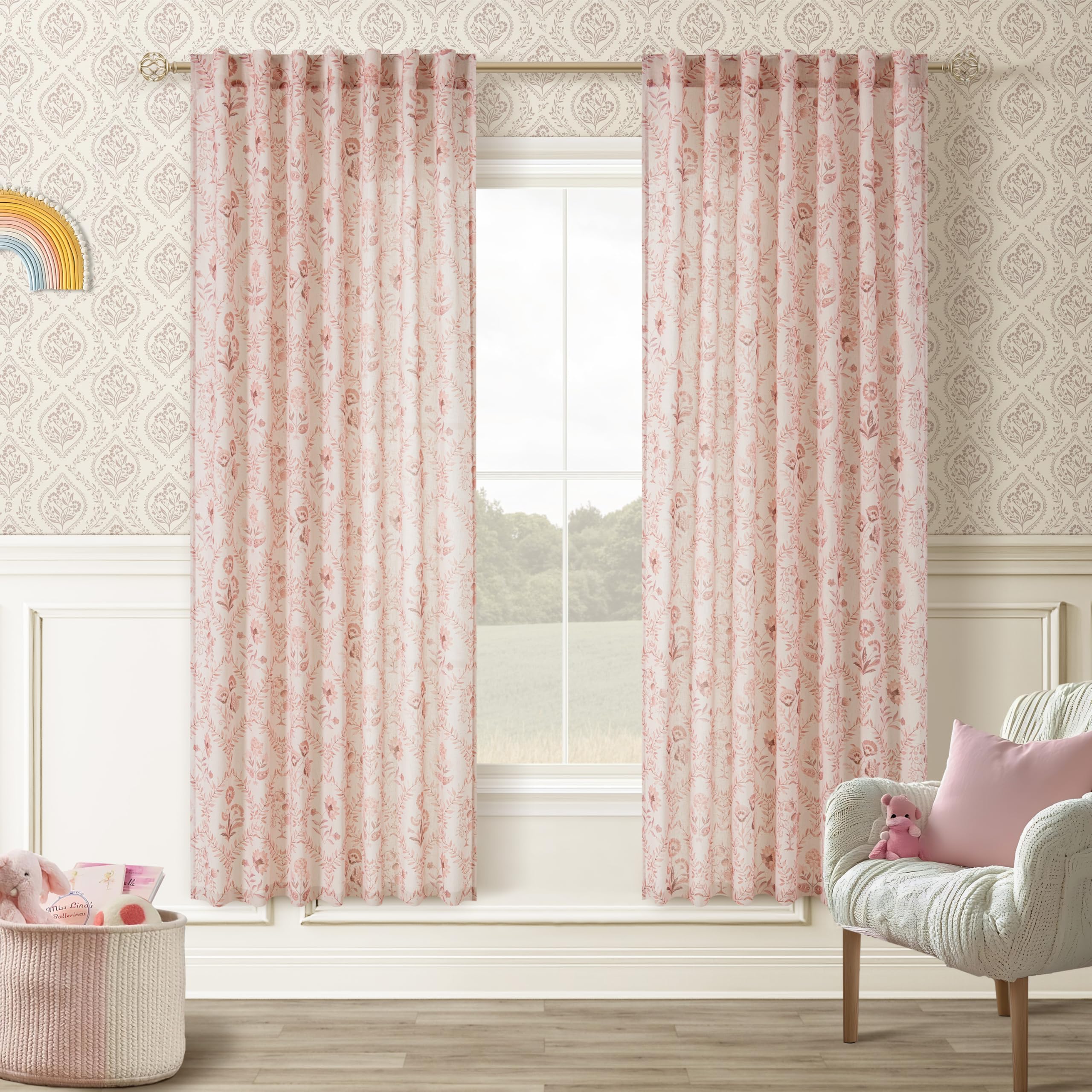 TWOPANELS Spring Farmhouse Floral Linen Curtains 84 Inch Length for Living Room Bedroom 2 Panels Semi Sheer Curtains Back Tab Tan Brown Patterned Flower on Beige Farmhouse Boho Rustic Window Drapes