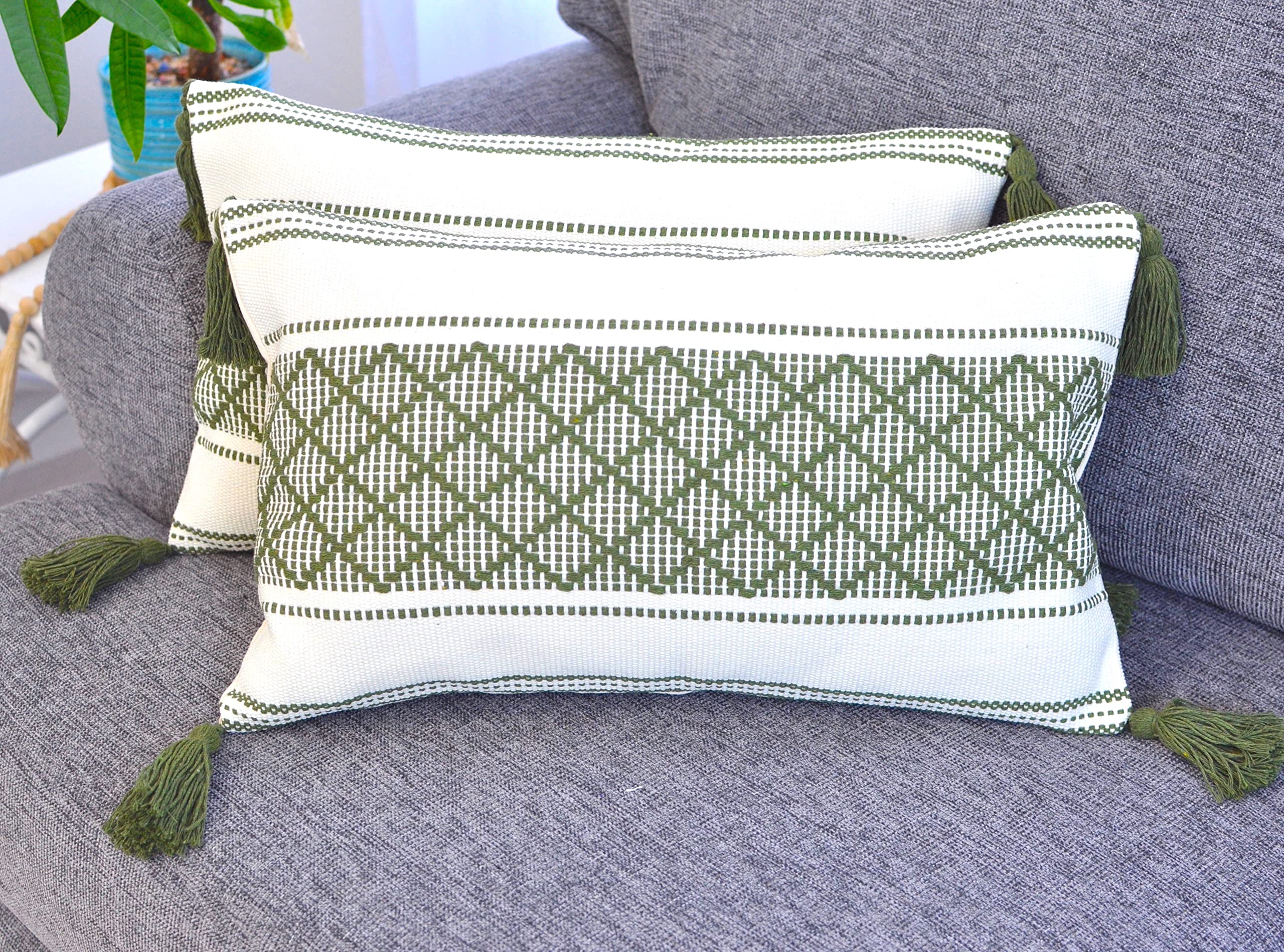 Boho Throw Pillow Covers with Tassels Navy Blue 16x16 inches Set of 2 Checkered Geometric Pattern/Decorative Square Pillow Covers for Couch Sofa Indoor Outdoor/Farmhouse Accent Pillow Cases