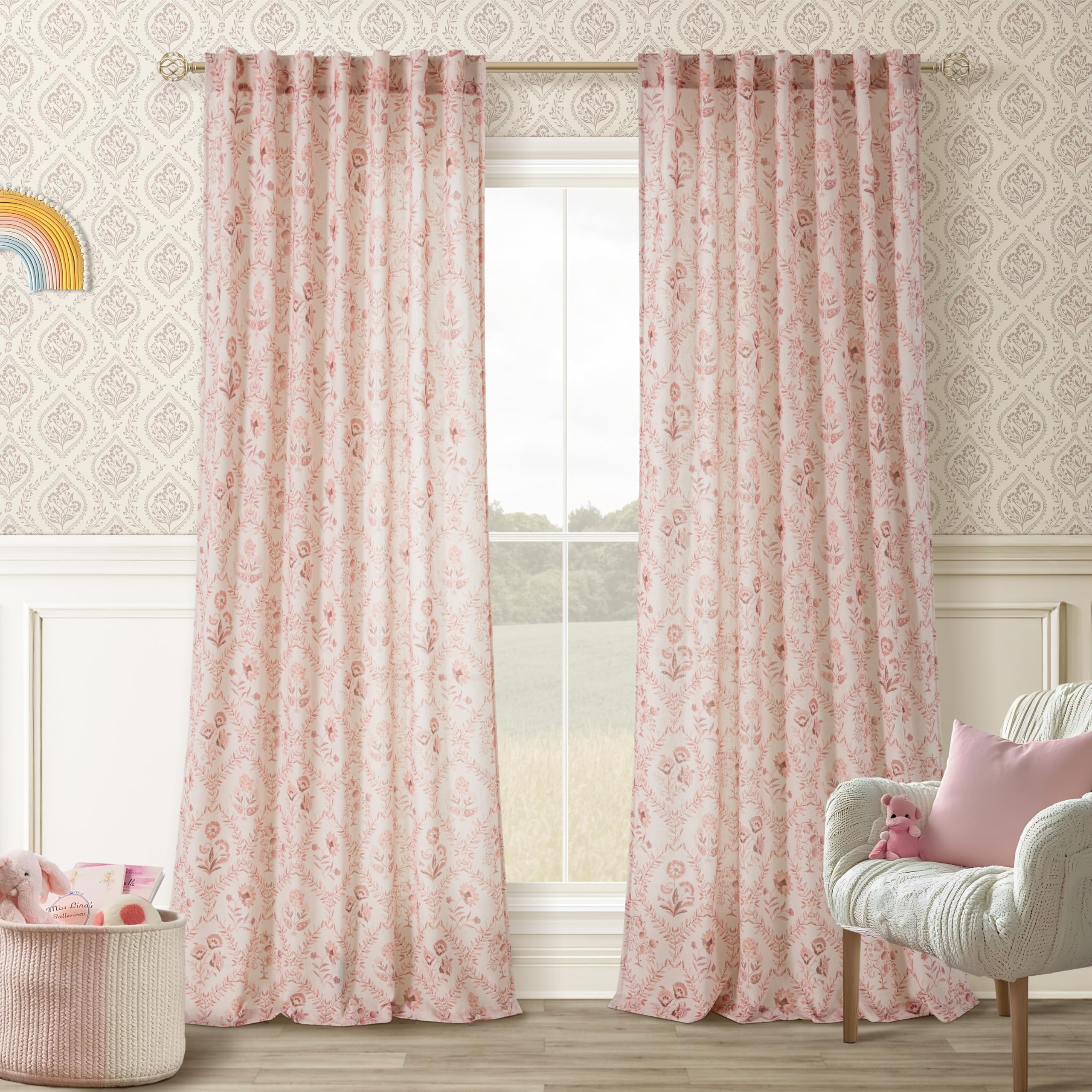 TWOPANELS Spring Farmhouse Floral Linen Curtains 84 Inch Length for Living Room Bedroom 2 Panels Semi Sheer Curtains Back Tab Tan Brown Patterned Flower on Beige Farmhouse Boho Rustic Window Drapes