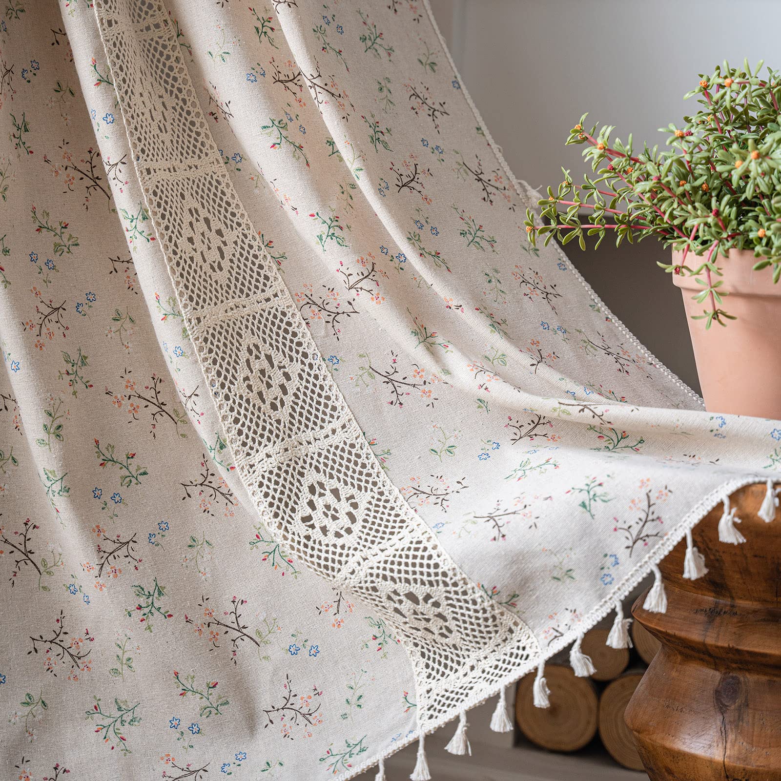 Green Boho Floral Curtains 84", 2 Panels Cotton Linen Semi-Blackout Drapes with Tassel