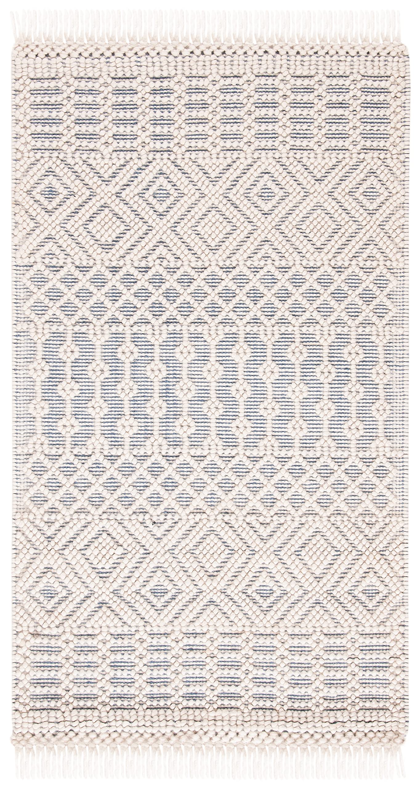 SAFAVIEH Natura Collection Area Rug - 5' x 8', Ivory & Navy, Handmade Moroccan Boho Wool Fringe, Ideal for High Traffic Areas in Living Room, Bedroom (NAT852N)