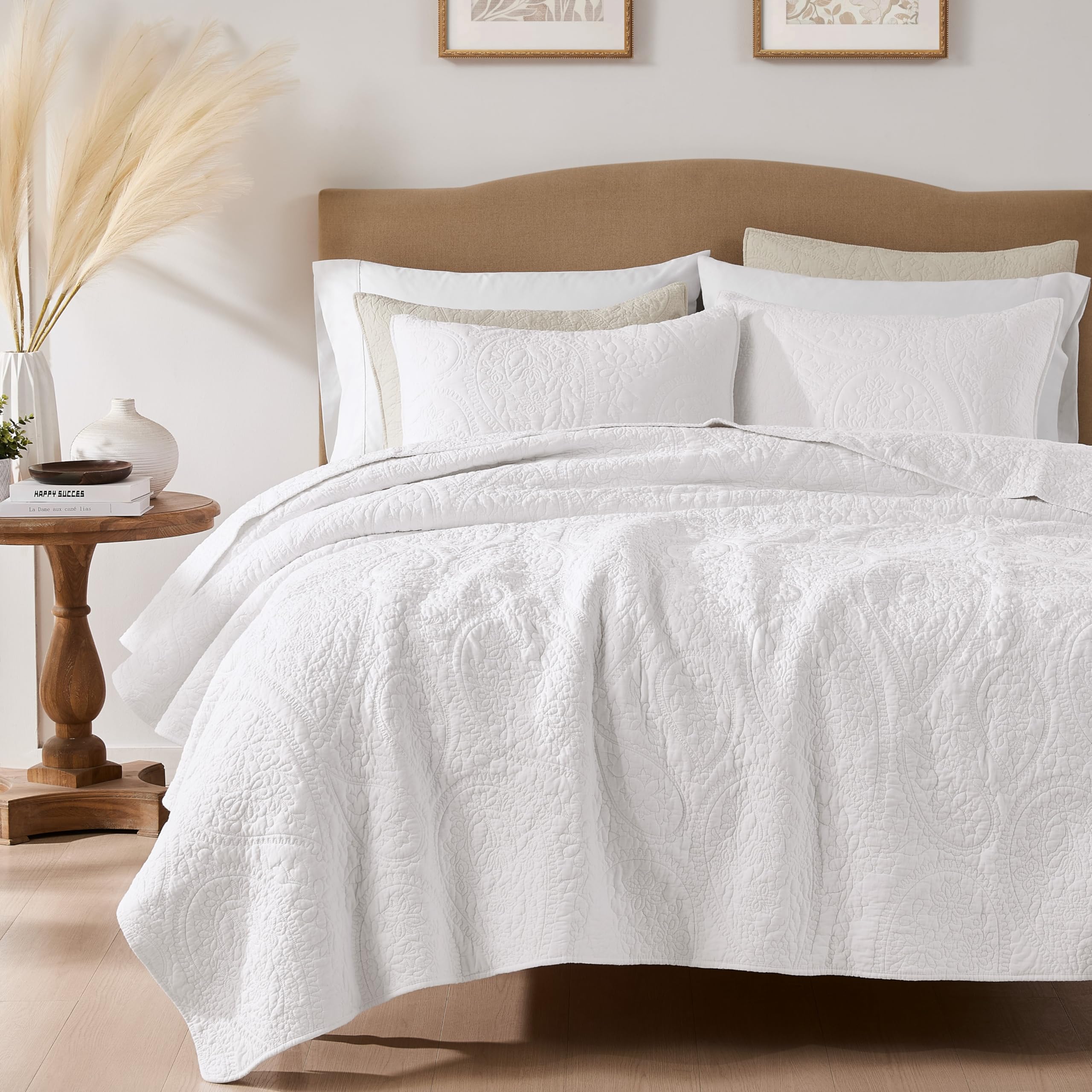 palassio Striped Blue Grey 100% Cotton Quilt King Size Bedding Sets, Lightweight Crinkly Channel Pick Stitch Textured Bedspread Soft Shabby Chic Farmhouse Country Coverlet for All Season, 2 Shams