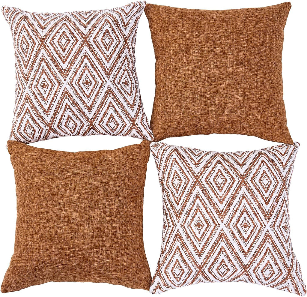 HPUK Decorative Throw Pillow Covers Set of 4 Geometric Design Linen Cushion Cover for Couch Sofa Living Room, 18"x18" inches, Golden Brown