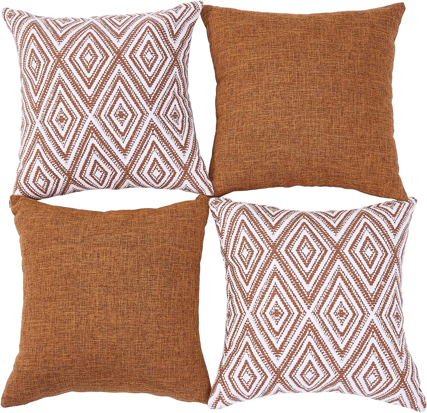 HPUK Decorative Throw Pillow Covers Set of 4 Geometric Design Linen Cushion Cover for Couch Sofa Living Room, 18"x18" inches, Golden Brown