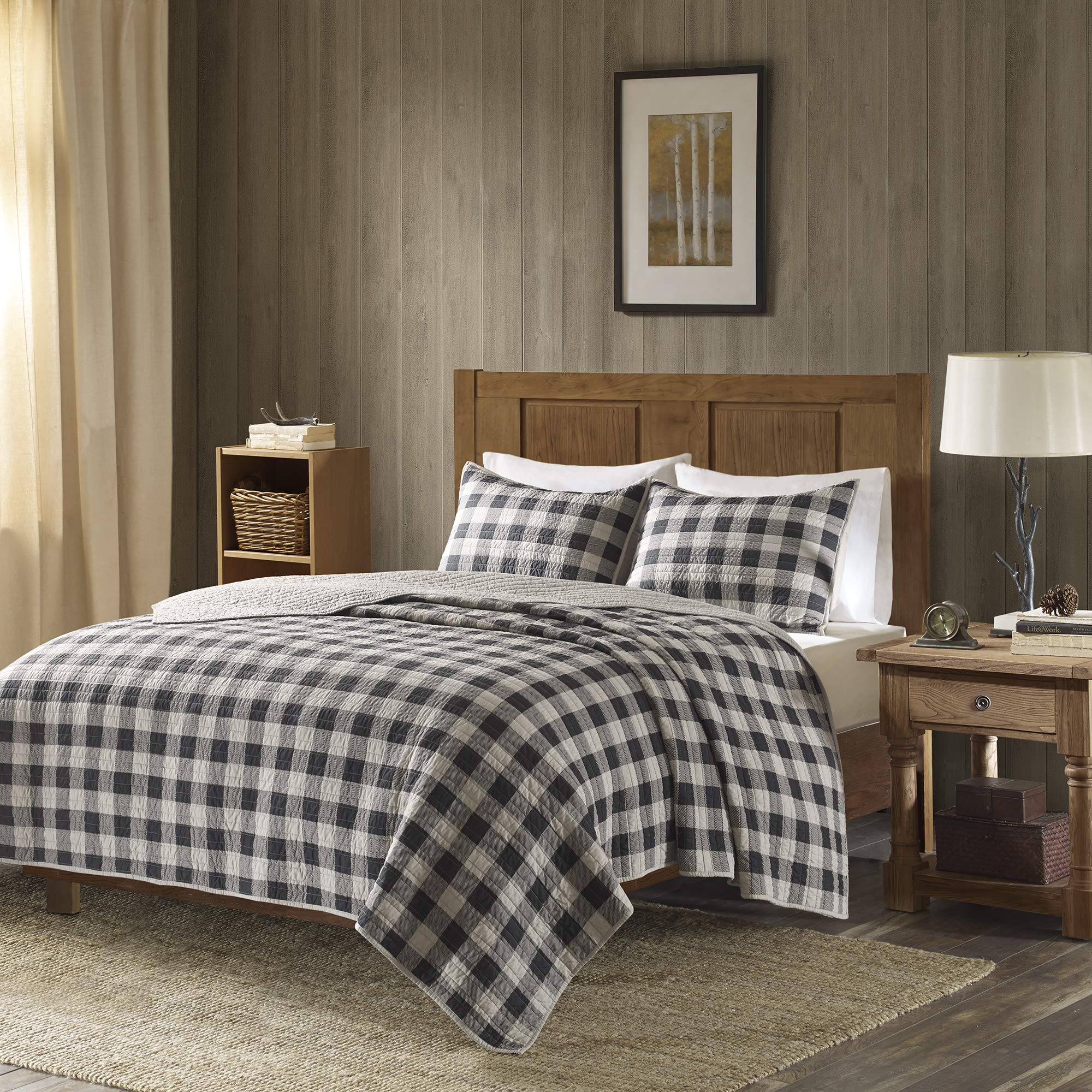 Woolrich Winter Plains Reversible Quilt Set - Cottage Styling Reversed to Solid Color, All Season Lightweight Coverlet, Cozy Bedding Layer, Matching Shams, Oversized Full/Queen, Stripes Taupe 3 Piece