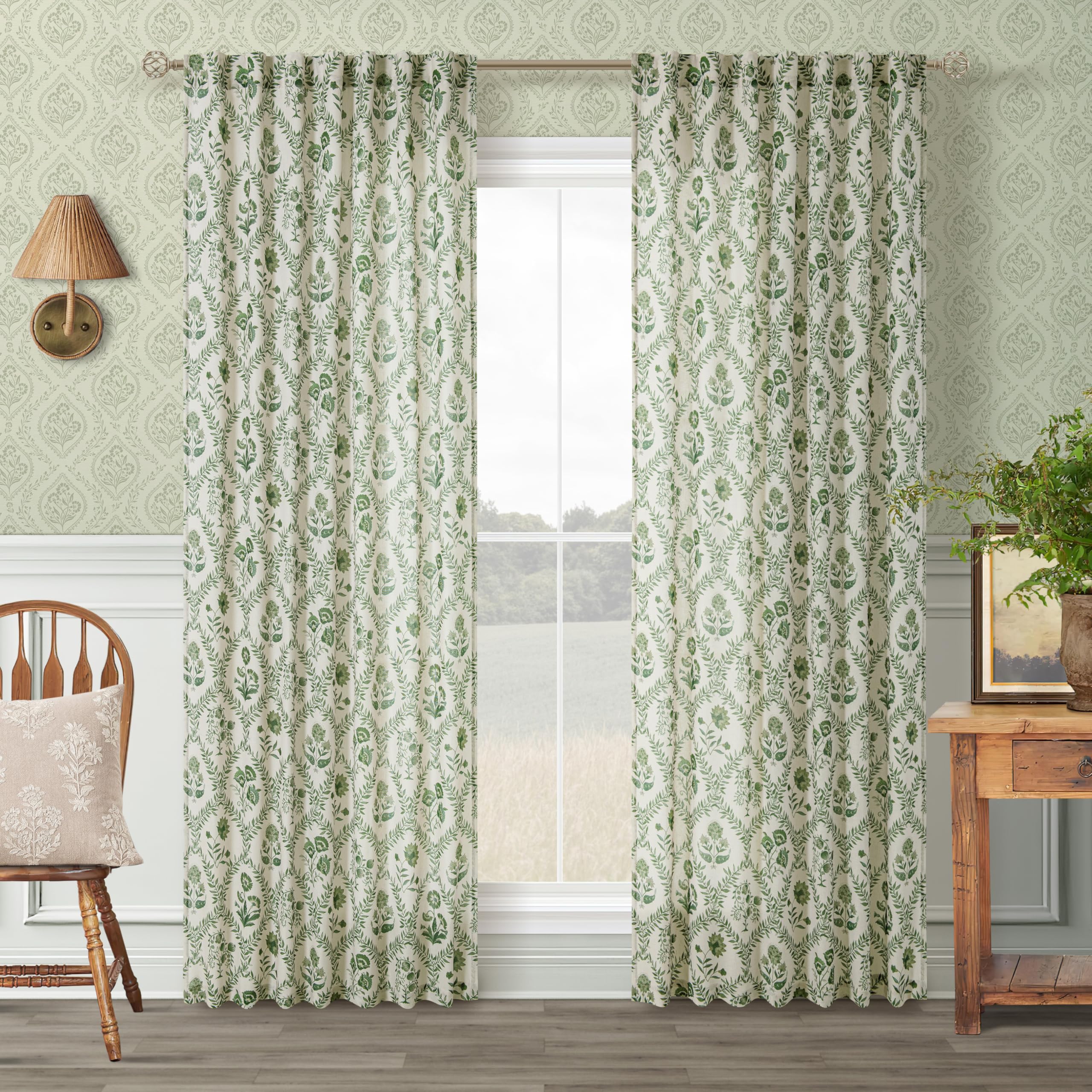 TWOPANELS Spring Farmhouse Floral Linen Curtains 84 Inch Length for Living Room Bedroom 2 Panels Semi Sheer Curtains Back Tab Tan Brown Patterned Flower on Beige Farmhouse Boho Rustic Window Drapes