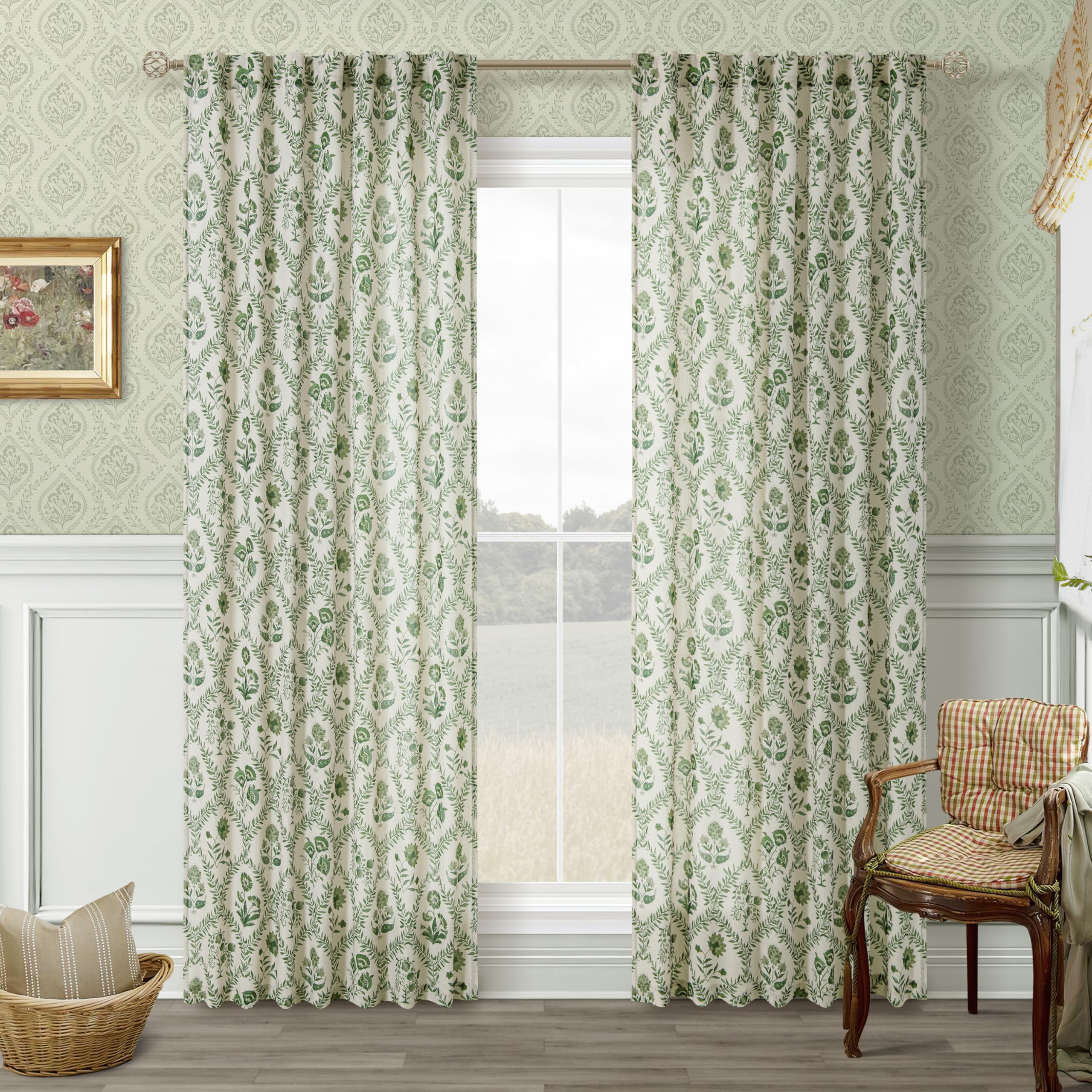 TWOPANELS Spring Farmhouse Floral Linen Curtains 84 Inch Length for Living Room Bedroom 2 Panels Semi Sheer Curtains Back Tab Tan Brown Patterned Flower on Beige Farmhouse Boho Rustic Window Drapes