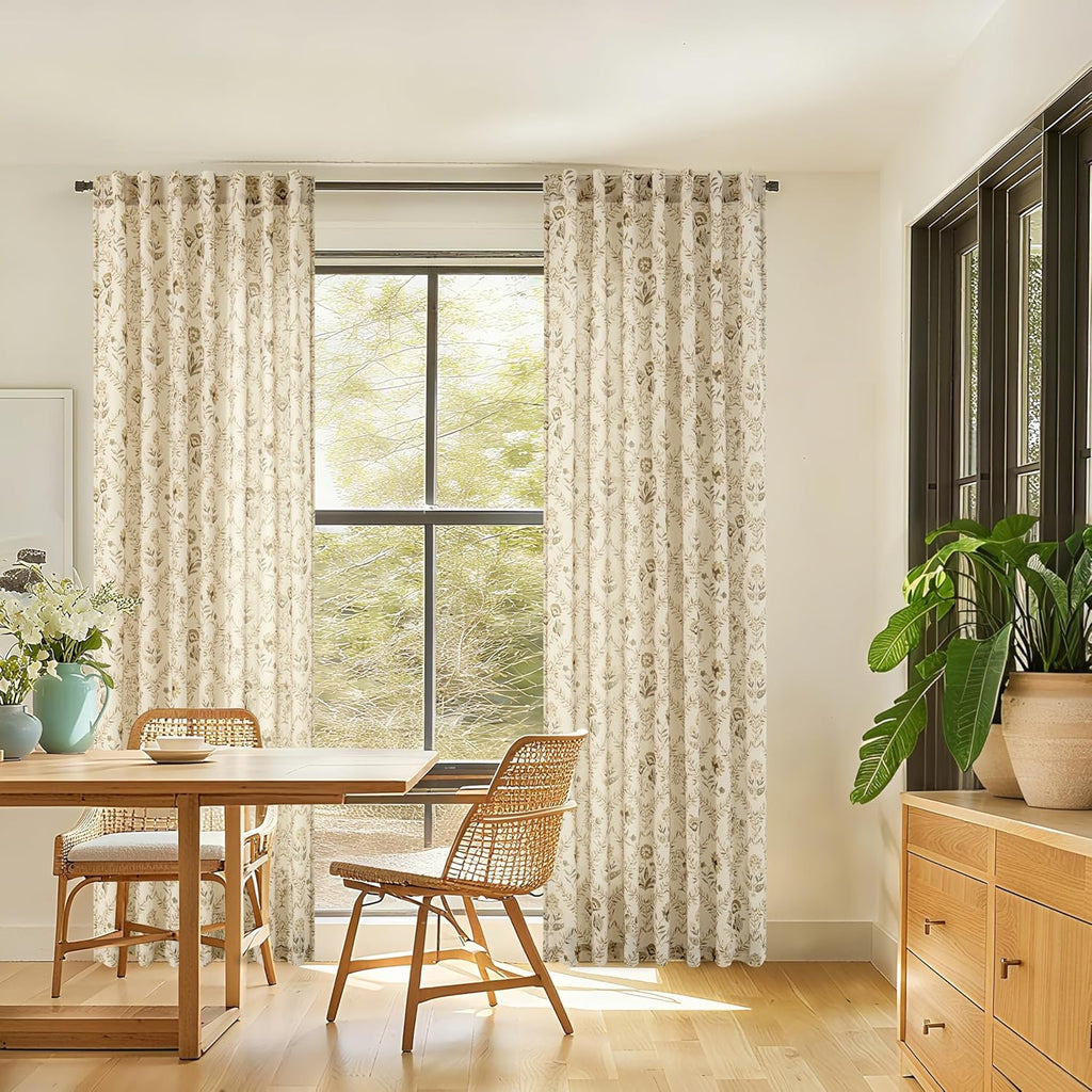 TWOPANELS Spring Farmhouse Floral Linen Curtains 84 Inch Length for Living Room Bedroom 2 Panels Semi Sheer Curtains Back Tab Tan Brown Patterned Flower on Beige Farmhouse Boho Rustic Window Drapes