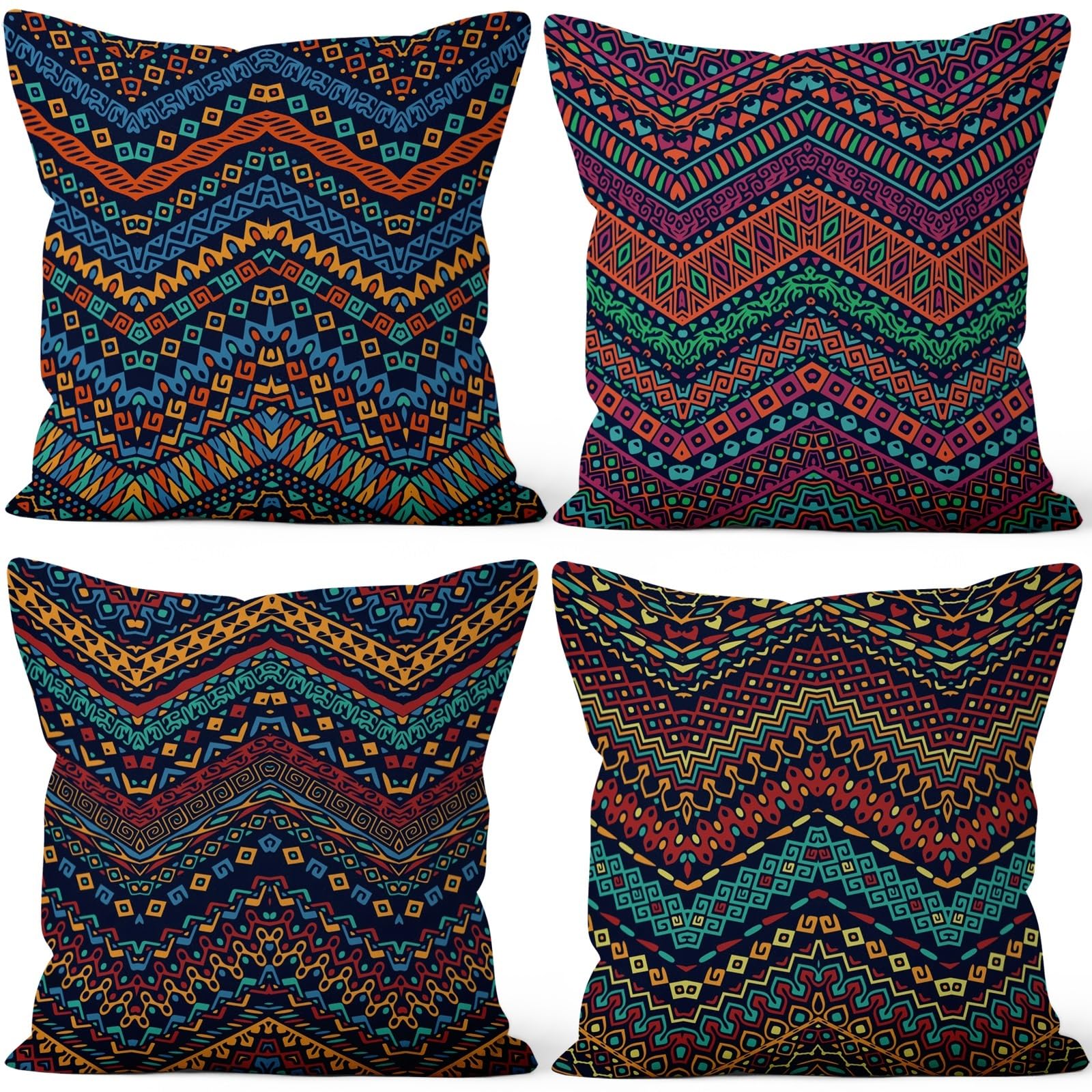 4 Pcs/Set Geometric Pillow Covers Boho Abstract Strips Patchwork Color Geometric Ethnic Colorful Vintage Artwork Linen Throw Cushion Cases for Couch Sofa Bedroom Decorative, 22"x22"