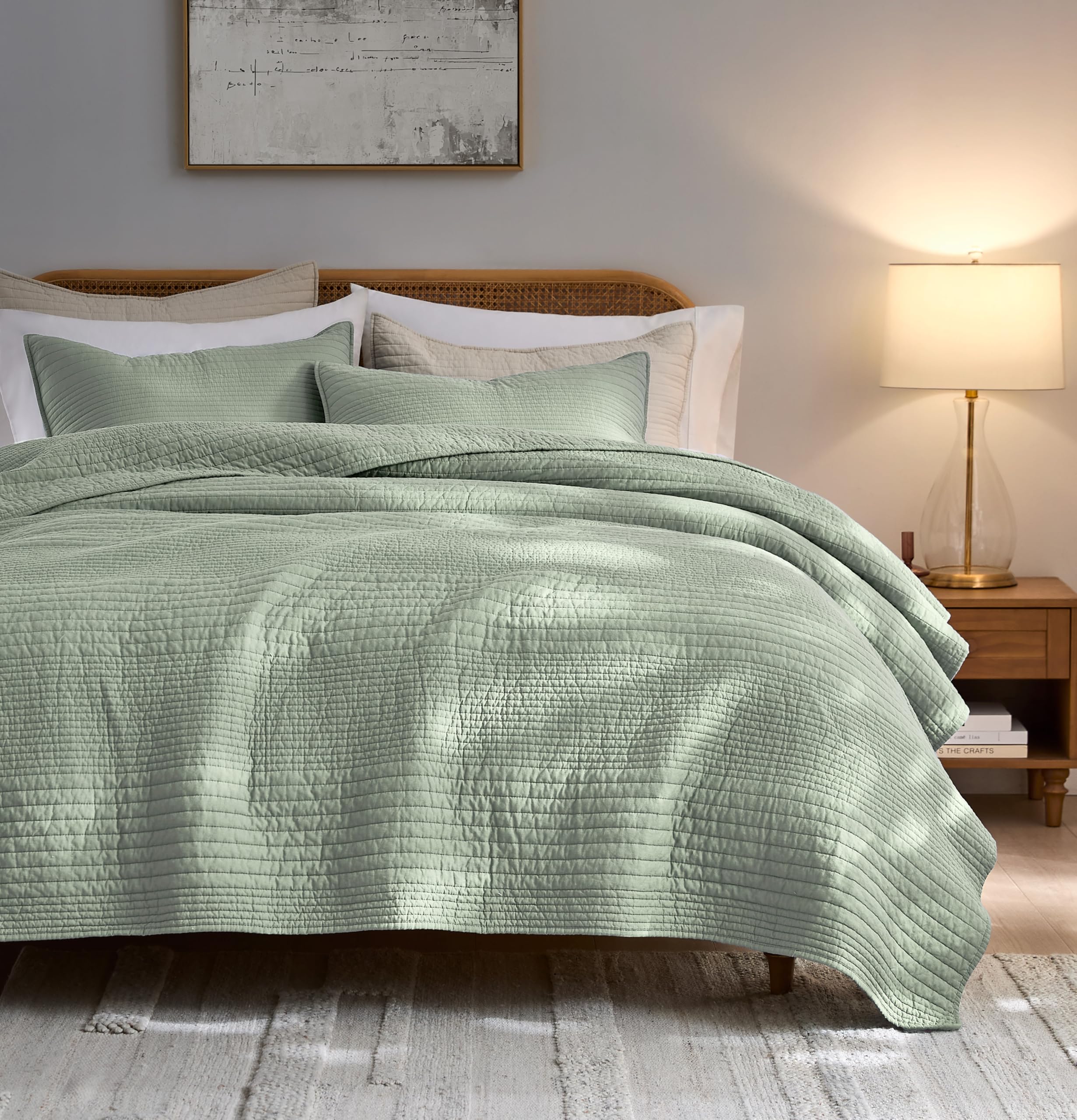 palassio Striped Blue Grey 100% Cotton Quilt King Size Bedding Sets, Lightweight Crinkly Channel Pick Stitch Textured Bedspread Soft Shabby Chic Farmhouse Country Coverlet for All Season, 2 Shams