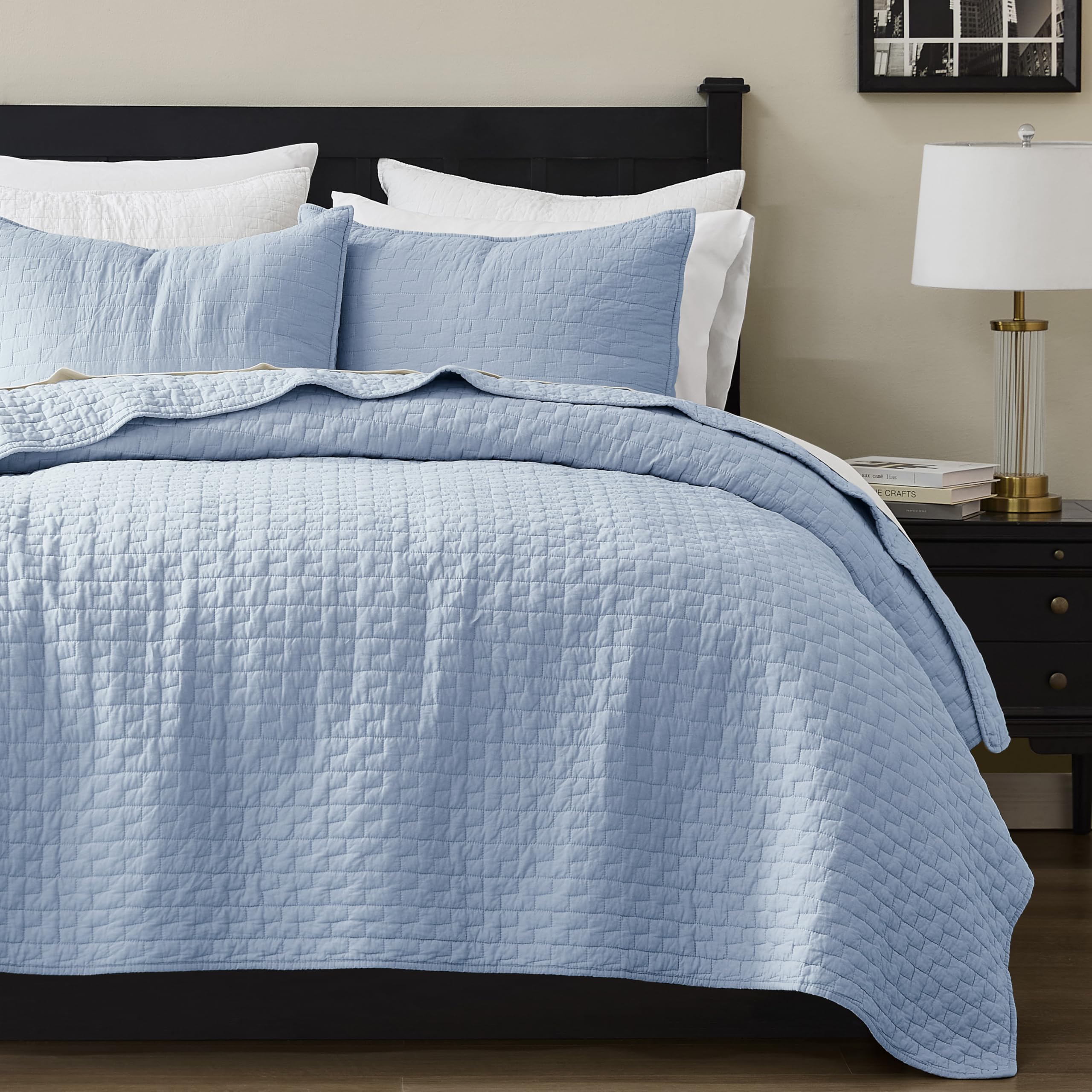 palassio Beige 100% Cotton Quilt Queen Size Bedding Sets with 2 Pillow Shams, Textured Lightweight Soft Bedspread Shabby Chic Coverlet, Neutral Quilted Comforter Bed Cover for All Season, 3 Pieces