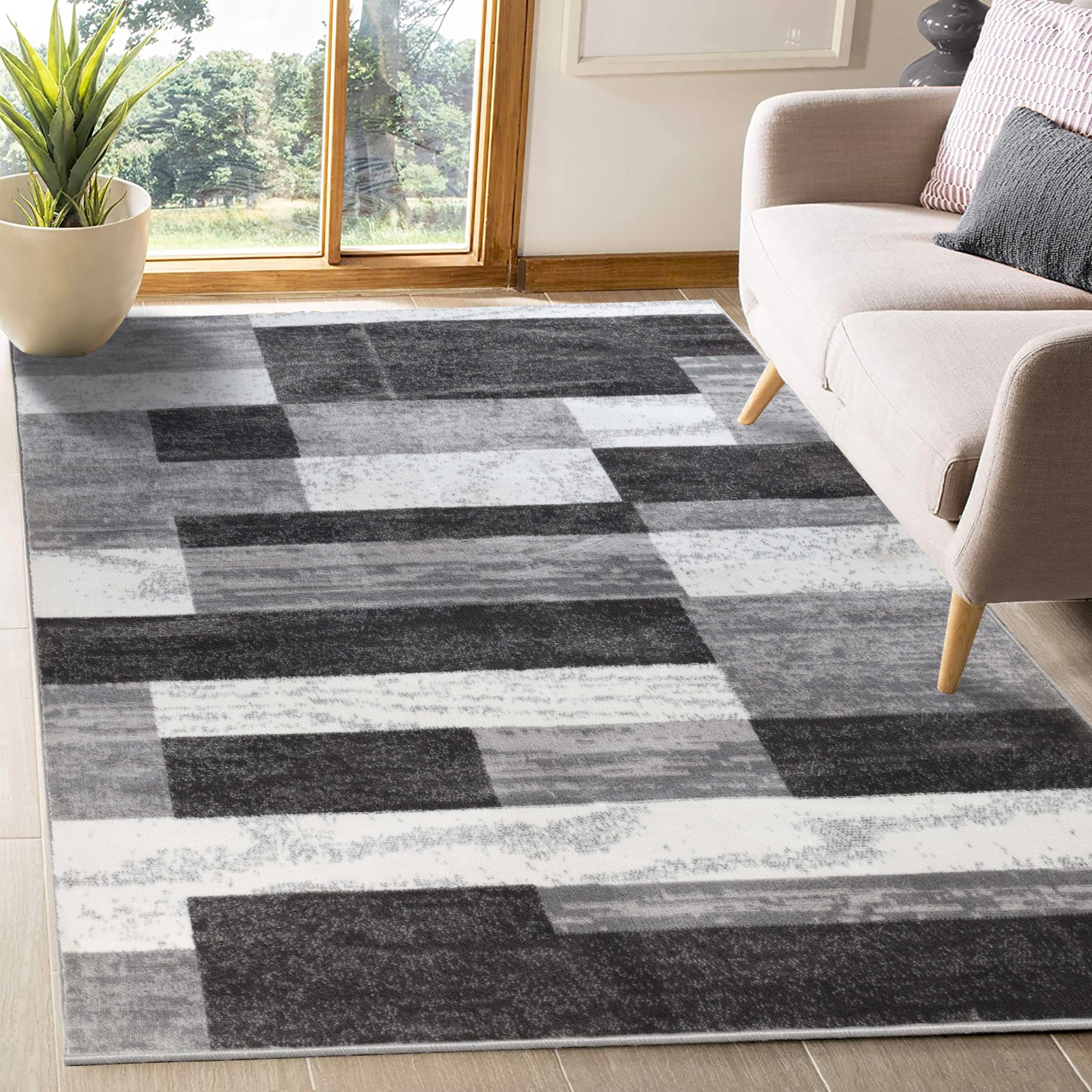 SUPERIOR Indoor Area Rug, Jute Backed, Modern Geometric Patchwork Floor Decor for Bedroom, Office, Living Room, Entryway, Hardwood Floors, Rockwood Collection, 4' x 6', Chocolate
