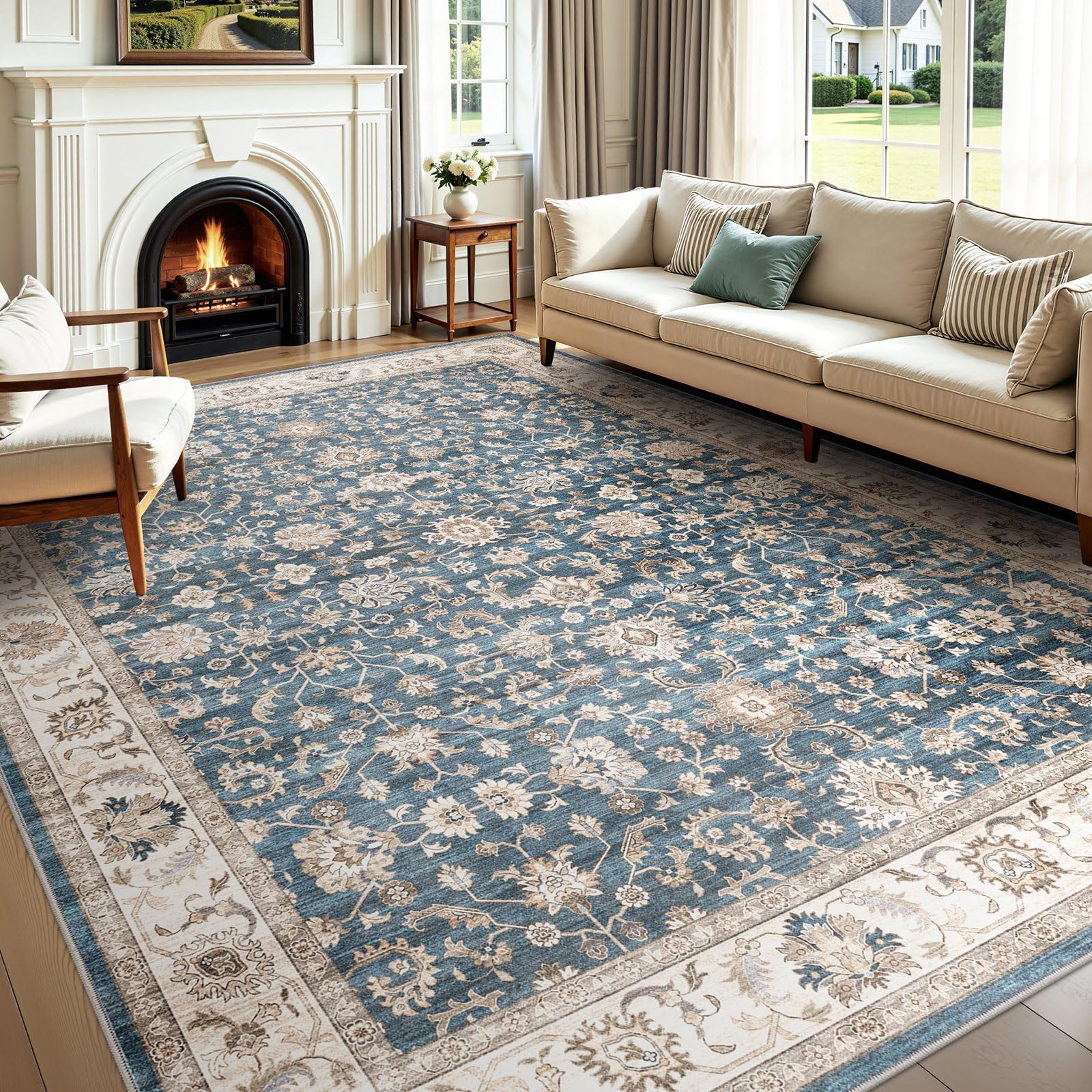 WITSHOCK 10x14 Area Rugs Living Room: Washable Large Neutral Vintage Soft Rug Stain Resistant Non-Slip Farmhouse Indoor Low Pile Floor Carpet for Bedroom Nursery Kids Office- Light Blue