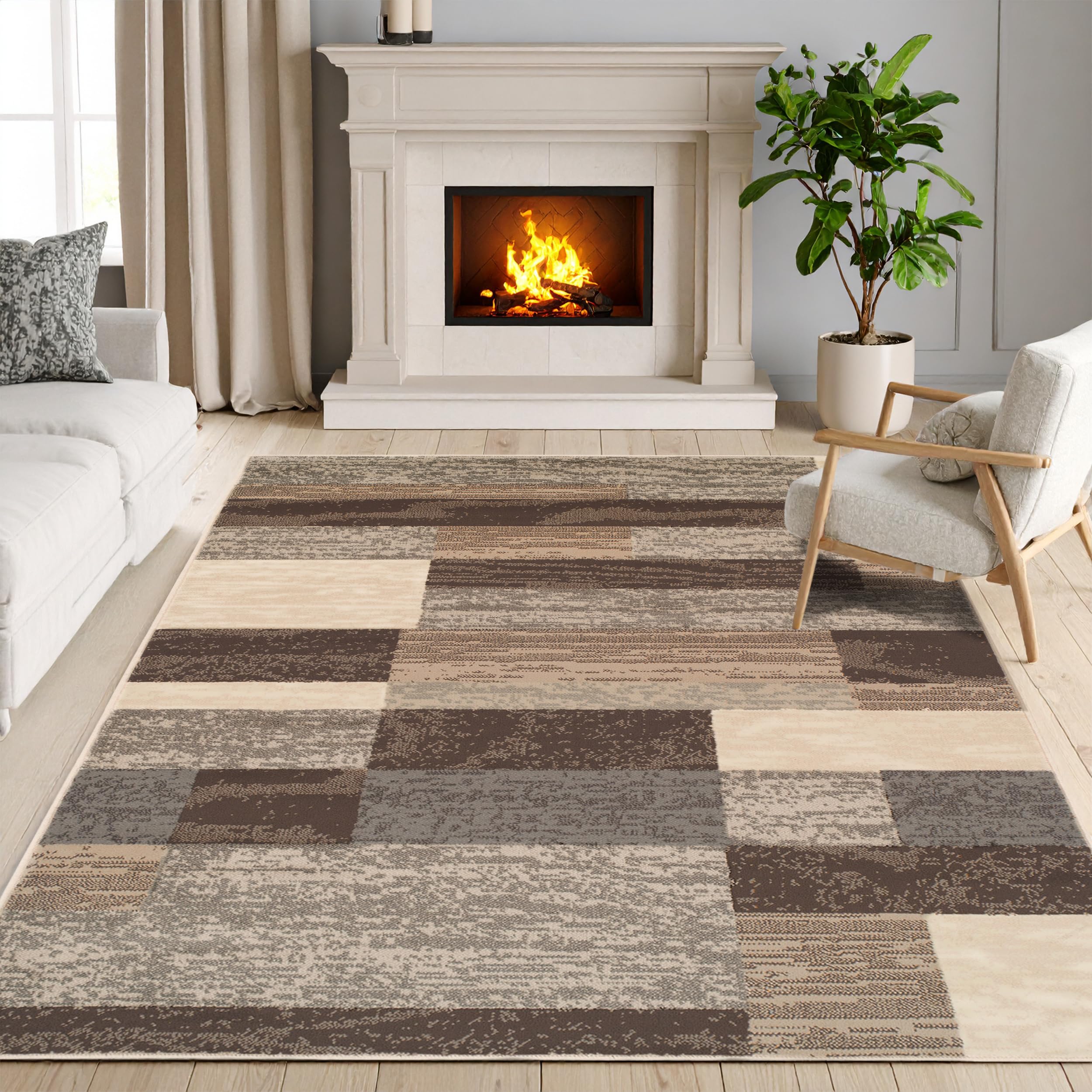 SUPERIOR Indoor Area Rug, Jute Backed, Modern Geometric Patchwork Floor Decor for Bedroom, Office, Living Room, Entryway, Hardwood Floors, Rockwood Collection, 4' x 6', Chocolate