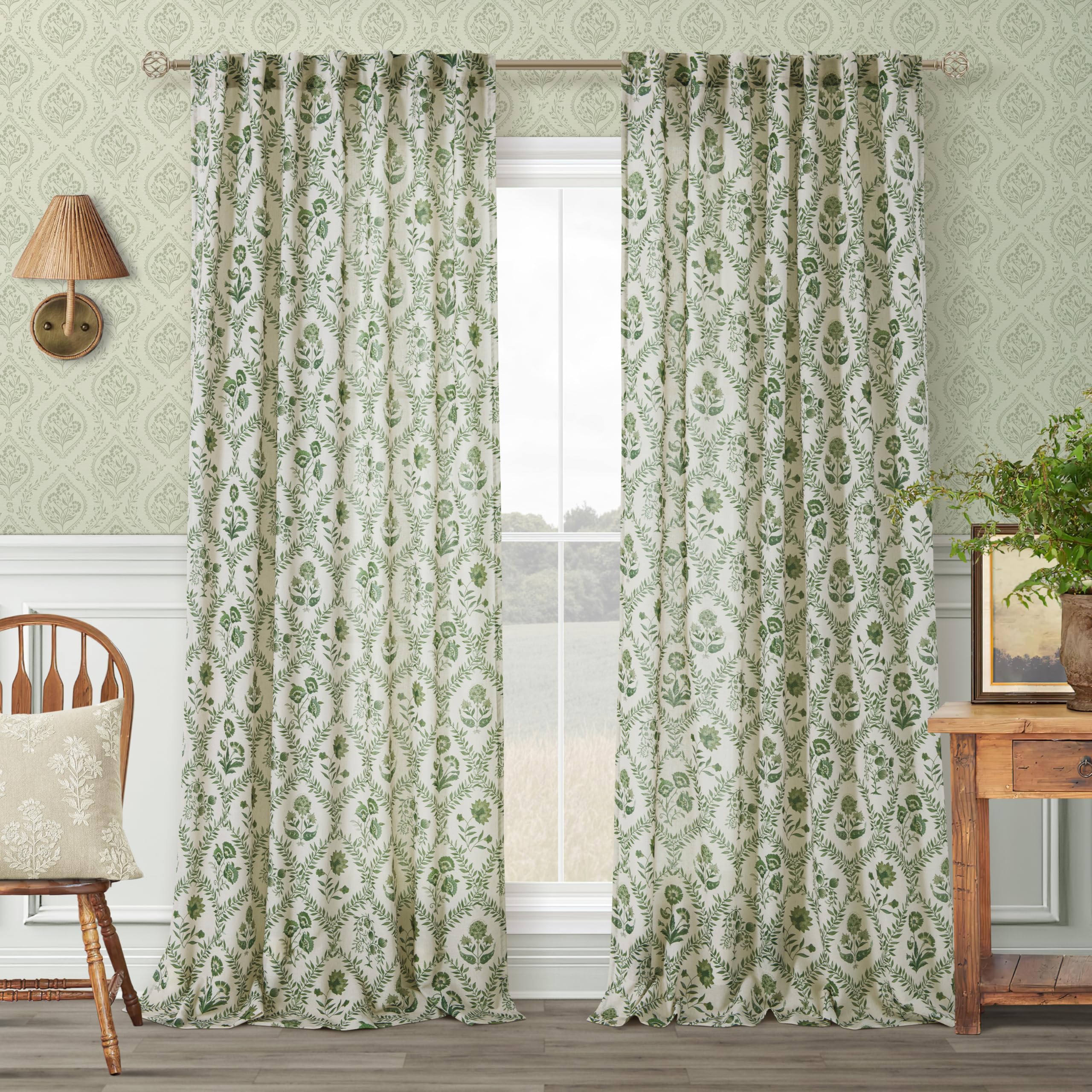 TWOPANELS Spring Farmhouse Floral Linen Curtains 84 Inch Length for Living Room Bedroom 2 Panels Semi Sheer Curtains Back Tab Tan Brown Patterned Flower on Beige Farmhouse Boho Rustic Window Drapes