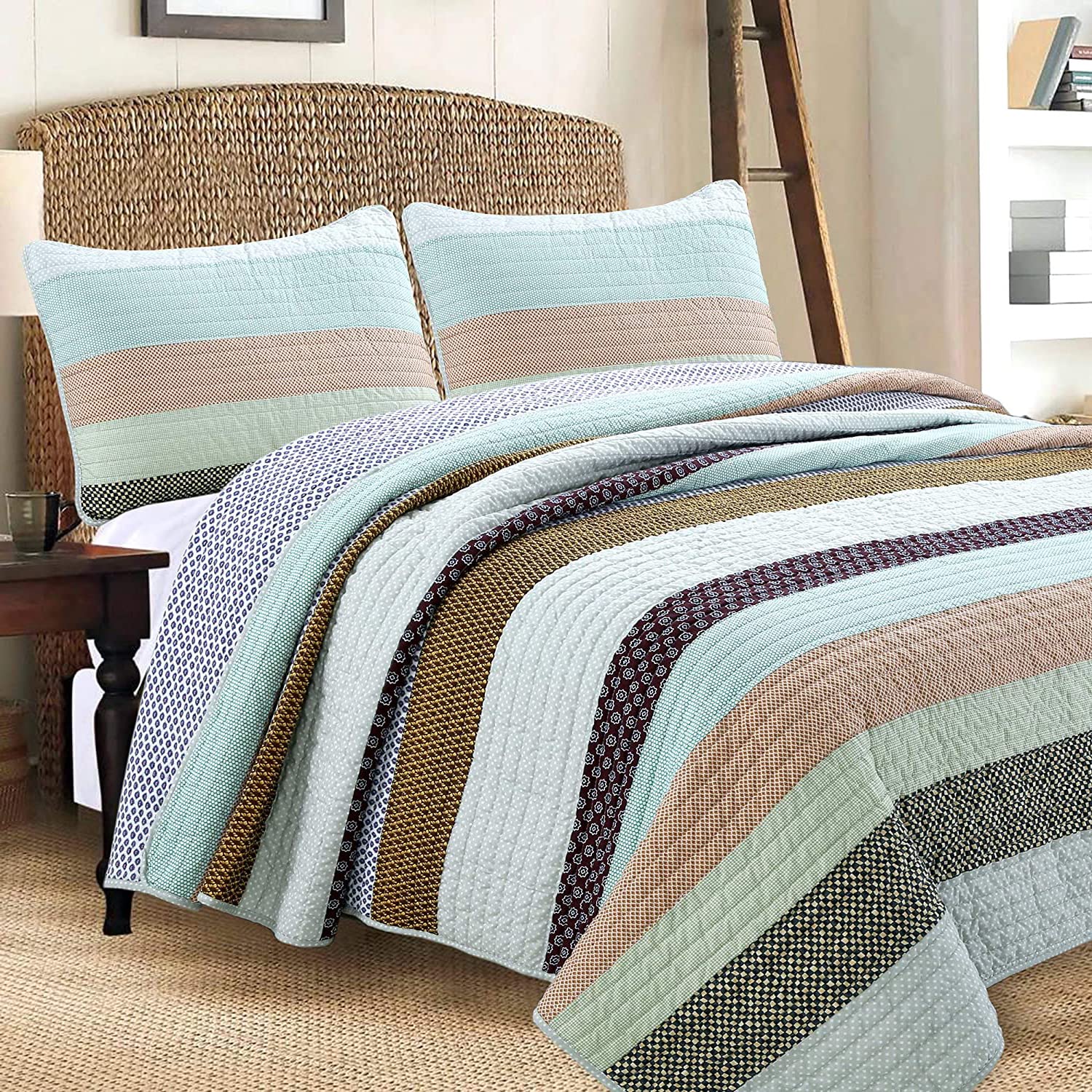 Cozy Line Home Fashions 100% Cotton Reversible Quilt Bedding Set, Classic Taupe Tan Striped Patchwork All-Season Coverlet Bedspread (Winter Plains, Queen-3 Piece)