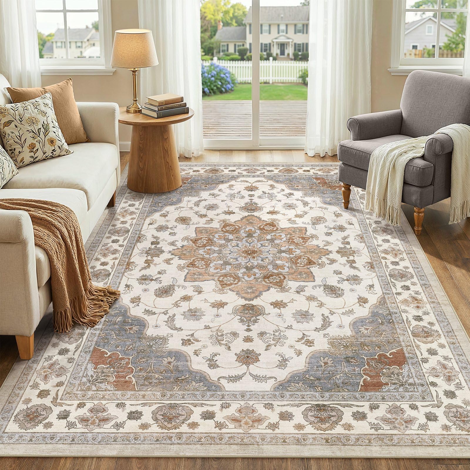 WITSHOCK 10x14 Area Rugs Living Room: Washable Large Neutral Vintage Soft Rug Stain Resistant Non-Slip Farmhouse Indoor Low Pile Floor Carpet for Bedroom Nursery Kids Office- Light Blue