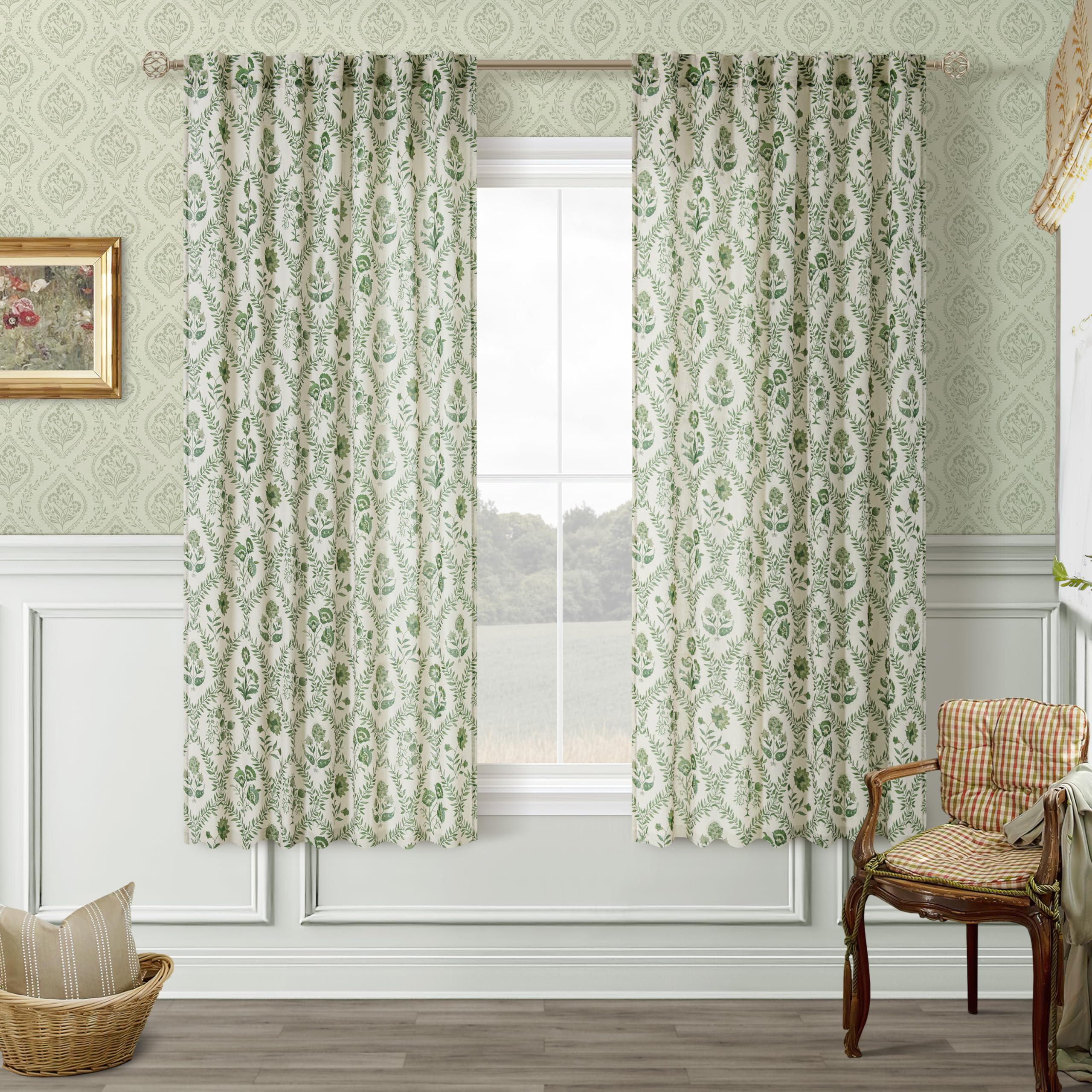 TWOPANELS Spring Farmhouse Floral Linen Curtains 84 Inch Length for Living Room Bedroom 2 Panels Semi Sheer Curtains Back Tab Tan Brown Patterned Flower on Beige Farmhouse Boho Rustic Window Drapes
